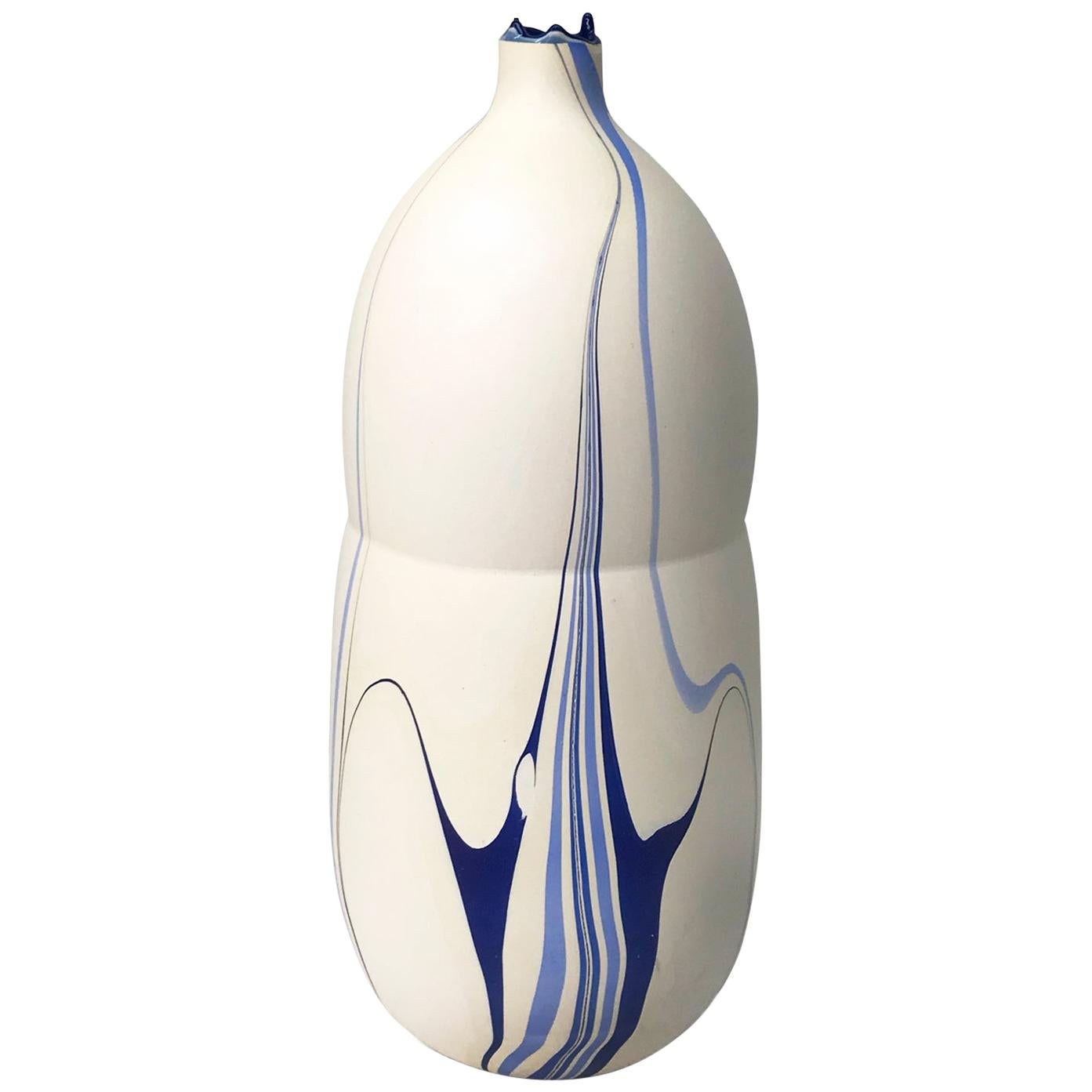 Contemporary Cream and Blue Marbled Mimas Vase by Elyse Graham