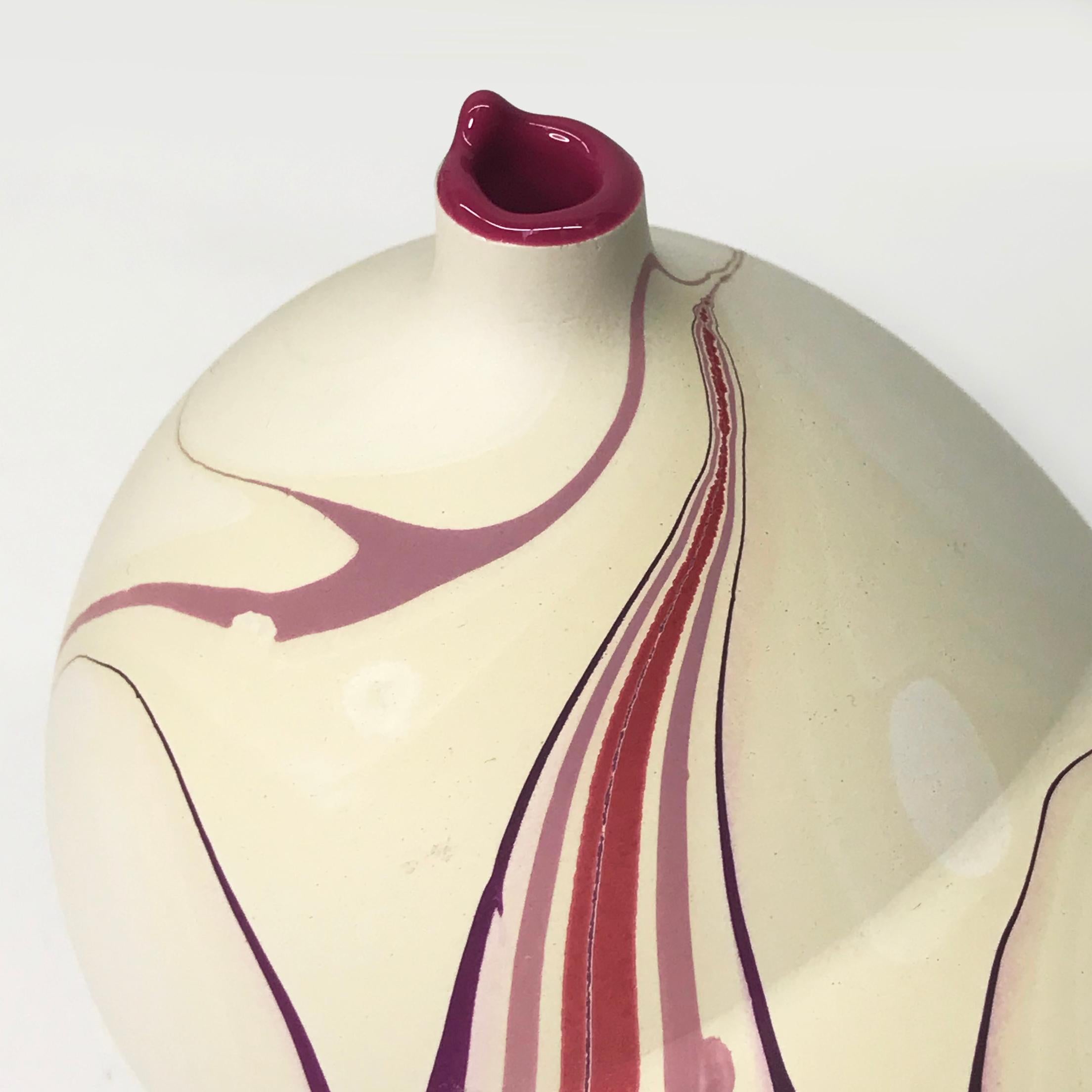 American Contemporary Cream and Magenta and Purple Marbled Pandora Vase by Elyse Graham For Sale