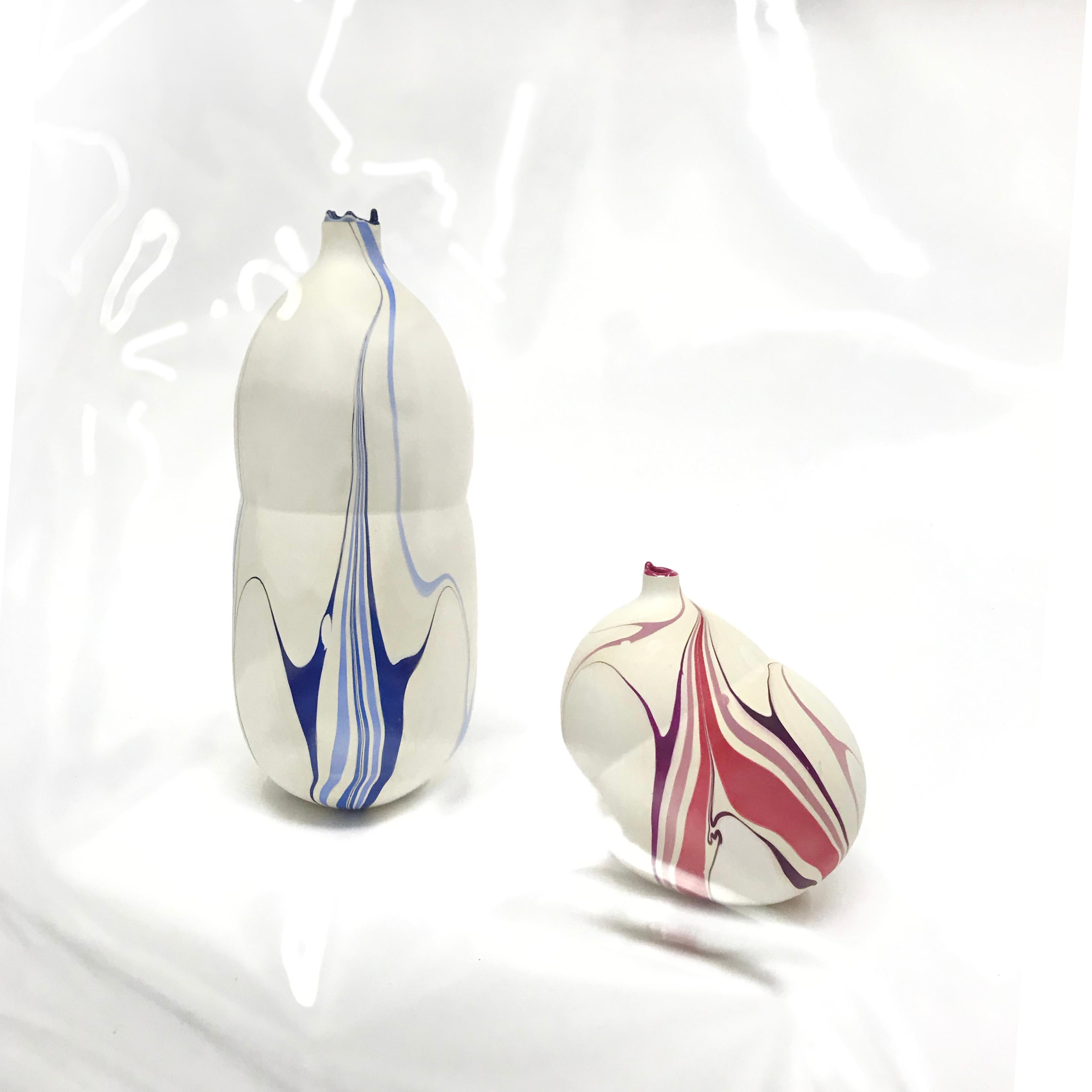 Cast Contemporary Cream and Magenta and Purple Marbled Pandora Vase by Elyse Graham For Sale