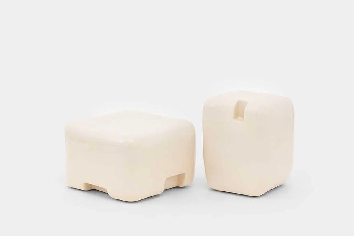 Contemporary cream ceramic low side table / stool, Cobble Low by Faye Toogood

Durable and smoothly rounded ceramic furniture with gentle asymmetries cast in a specialised laboratory-grade high gloss glaze suitable for interior and exterior