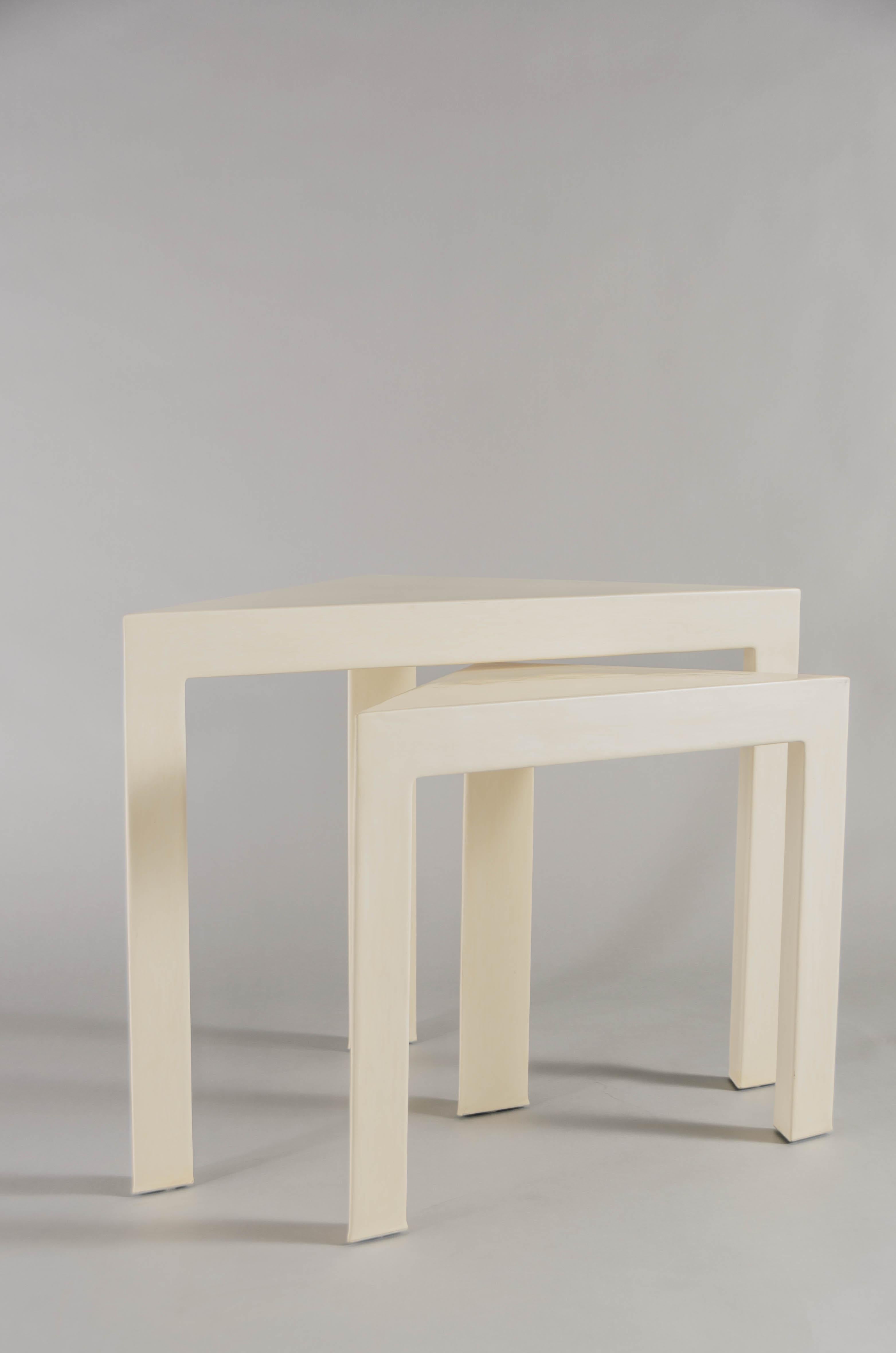 Minimalist Contemporary Cream Lacquer Corner Nesting Side Table by Robert Kuo For Sale