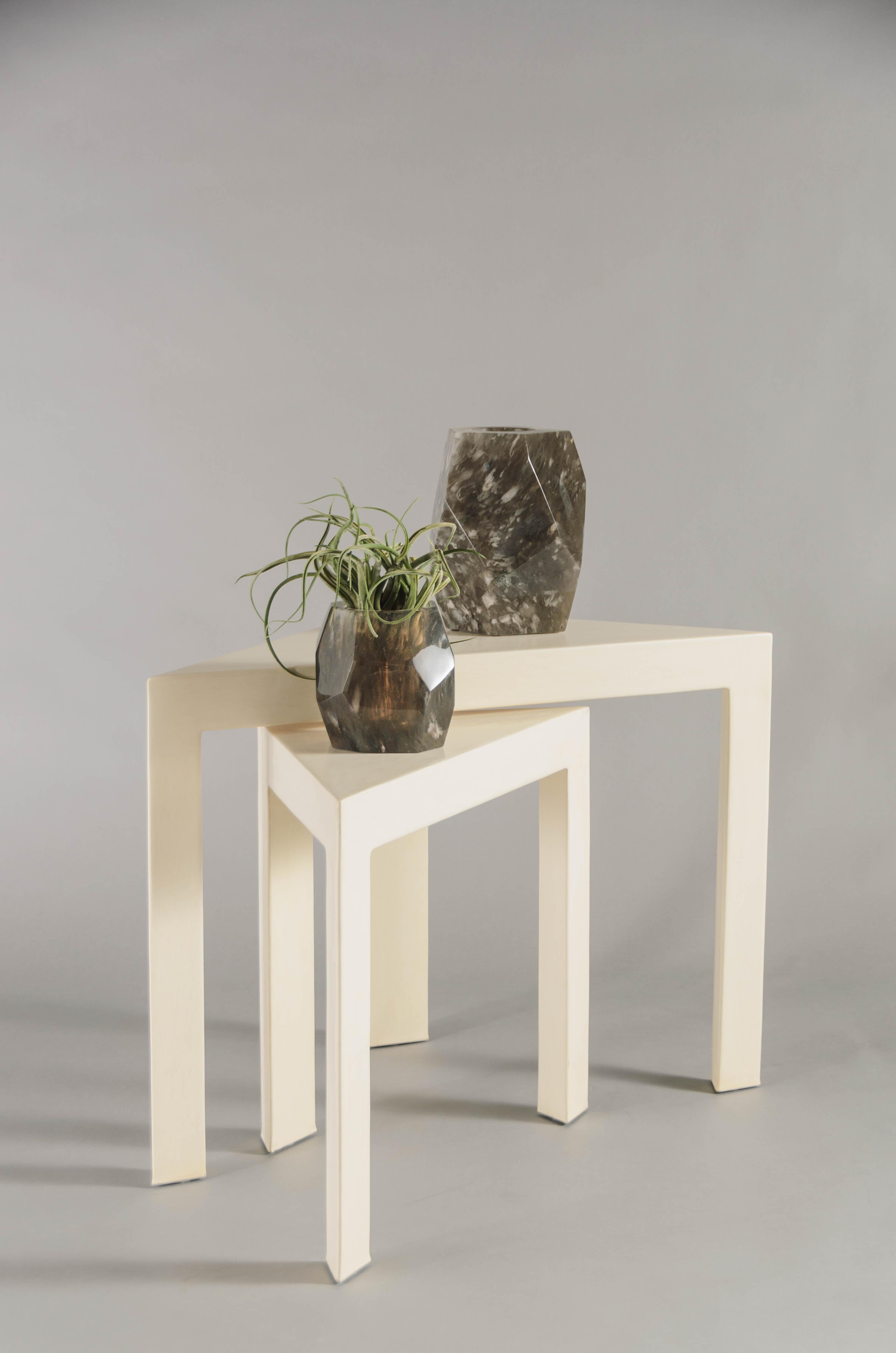Lacquered Contemporary Cream Lacquer Corner Nesting Side Table by Robert Kuo For Sale