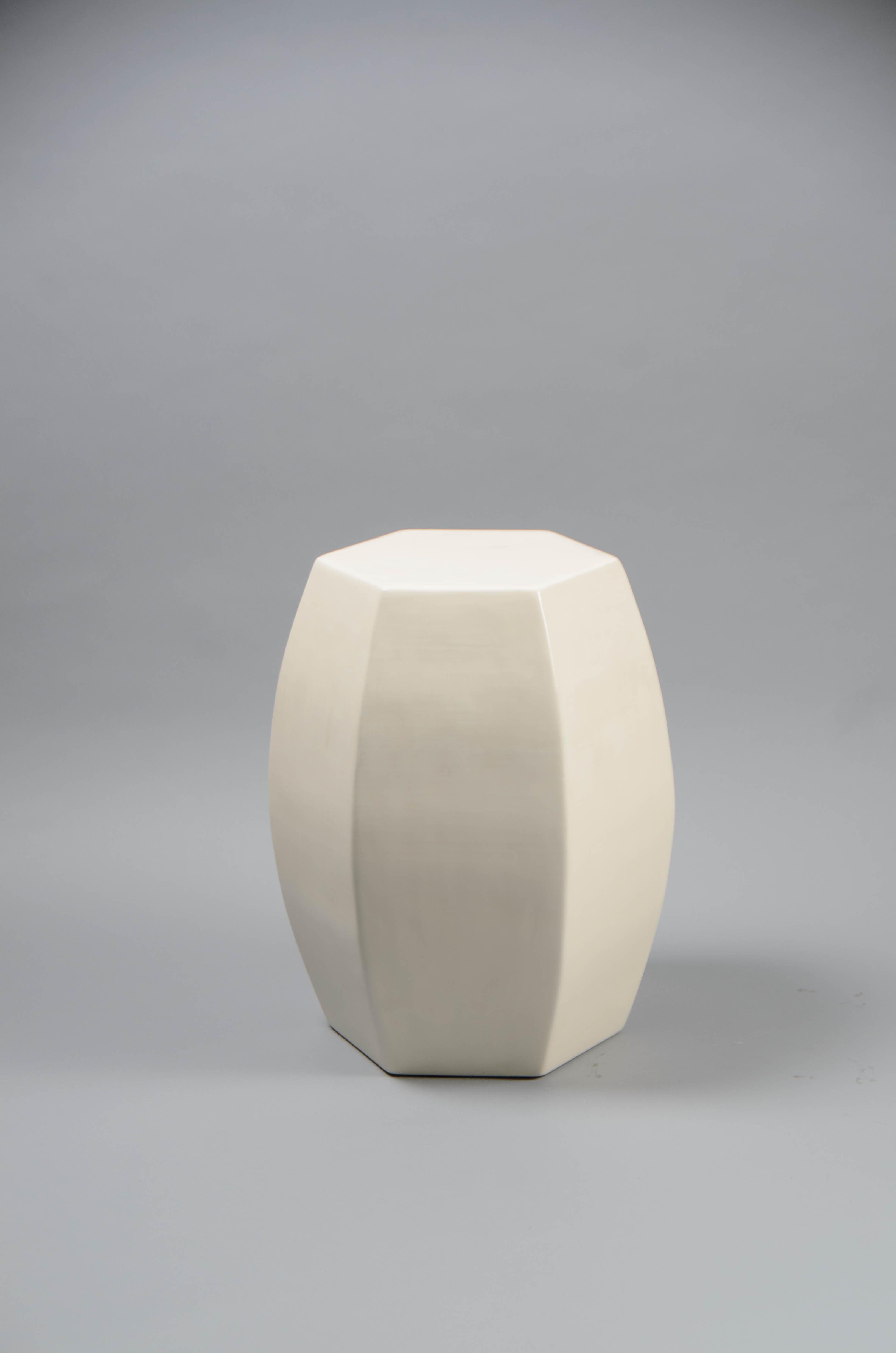 Modern Contemporary Cream Lacquer Hexagonal Drumstool by Robert Kuo, Limited Edition For Sale
