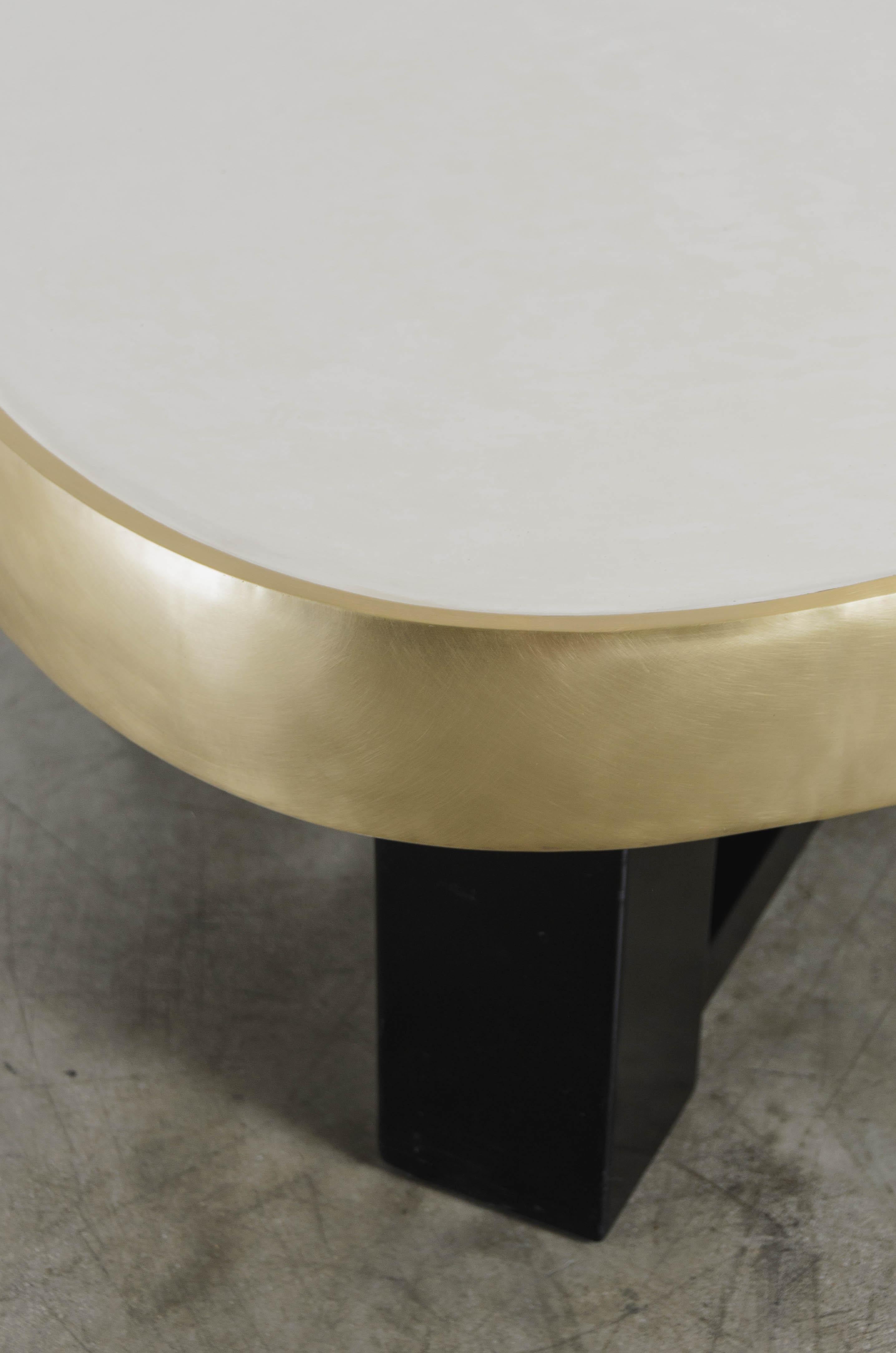 Repoussé Contemporary Cream Lacquer Oblong Cocktail Table with Brass Trim by Robert Kuo For Sale