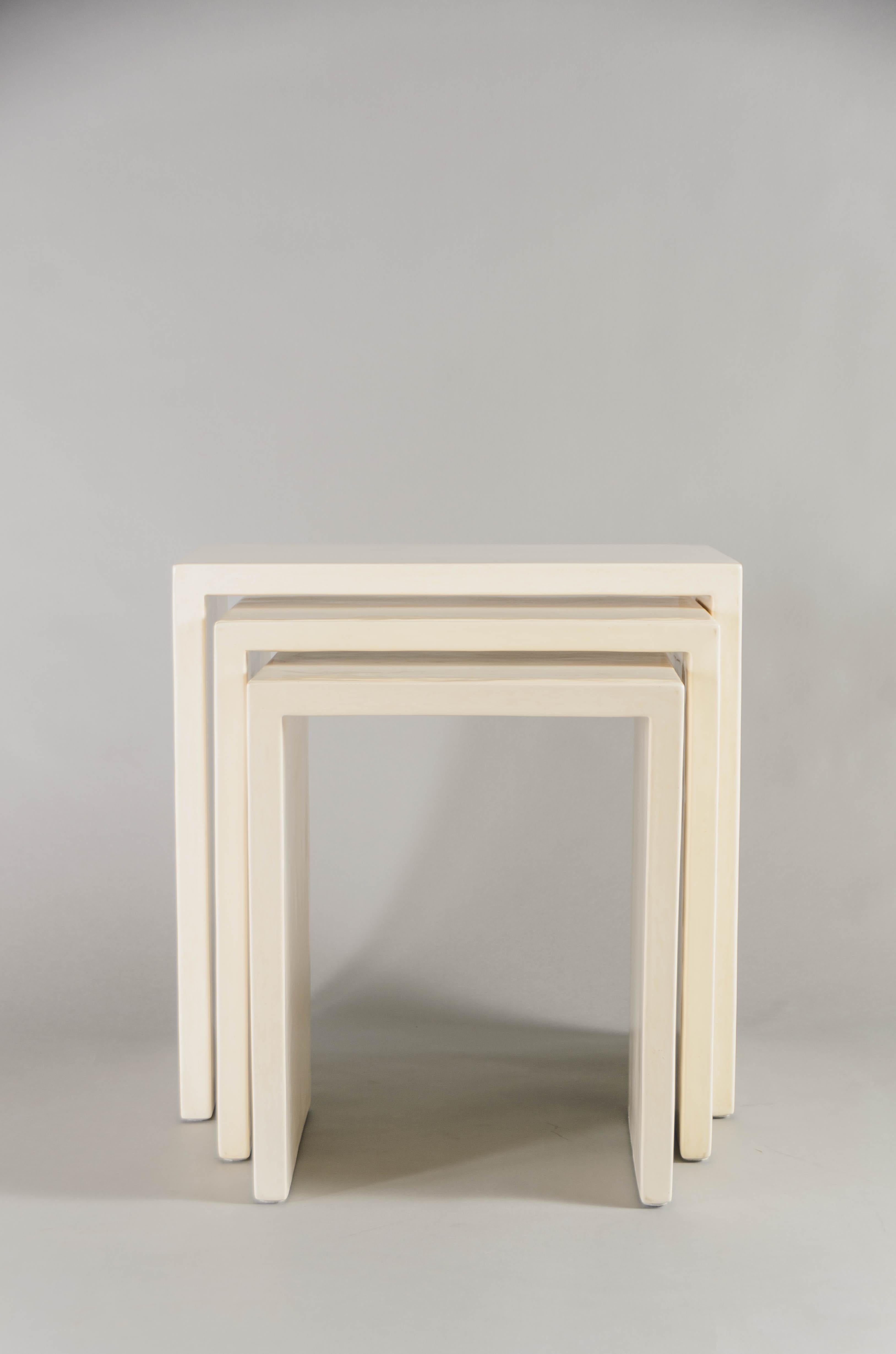 Modern Contemporary Cream Lacquer Square Corner Nesting Tables by Robert Kuo For Sale