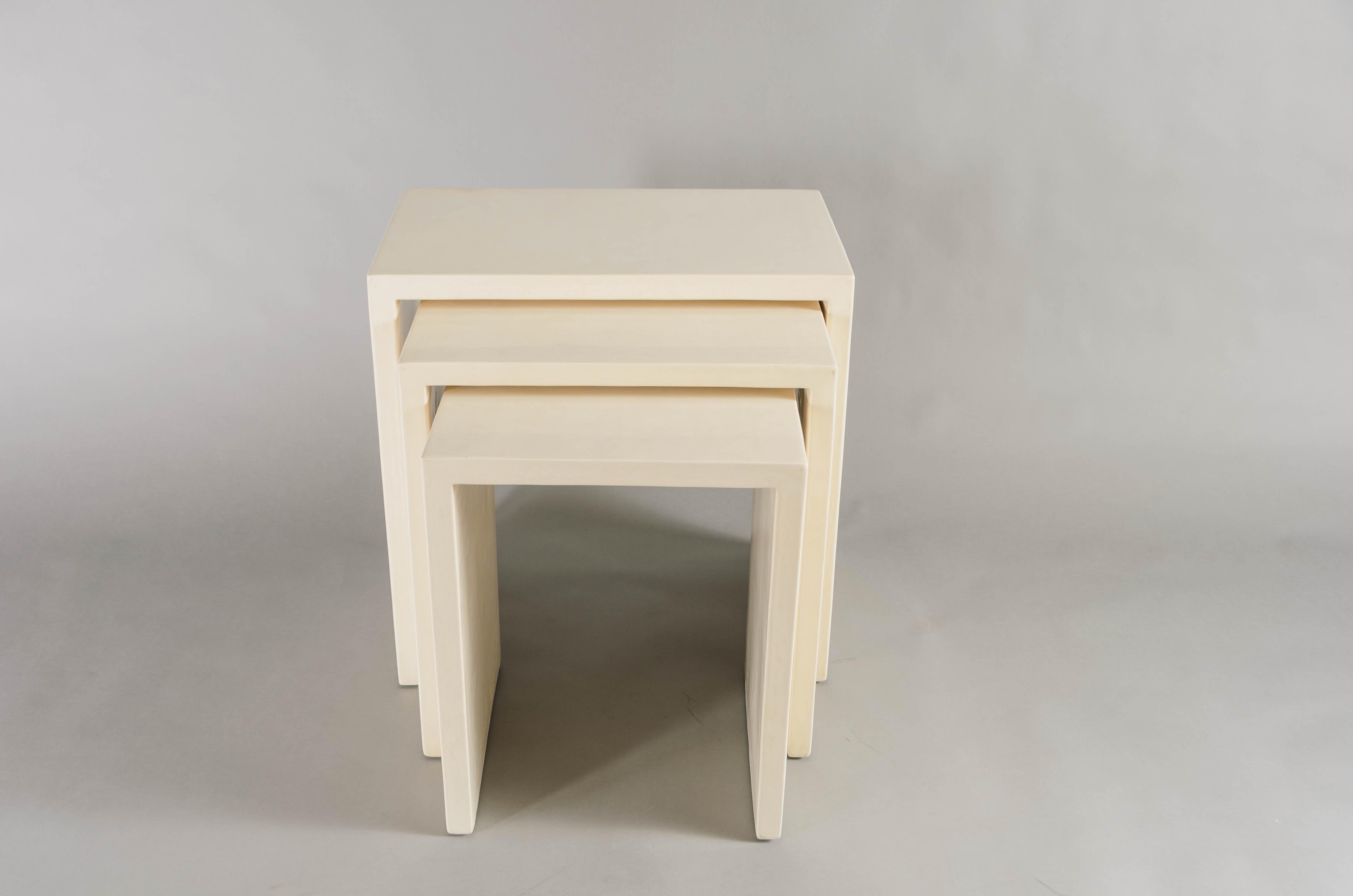 Lacquered Contemporary Cream Lacquer Square Corner Nesting Tables by Robert Kuo For Sale