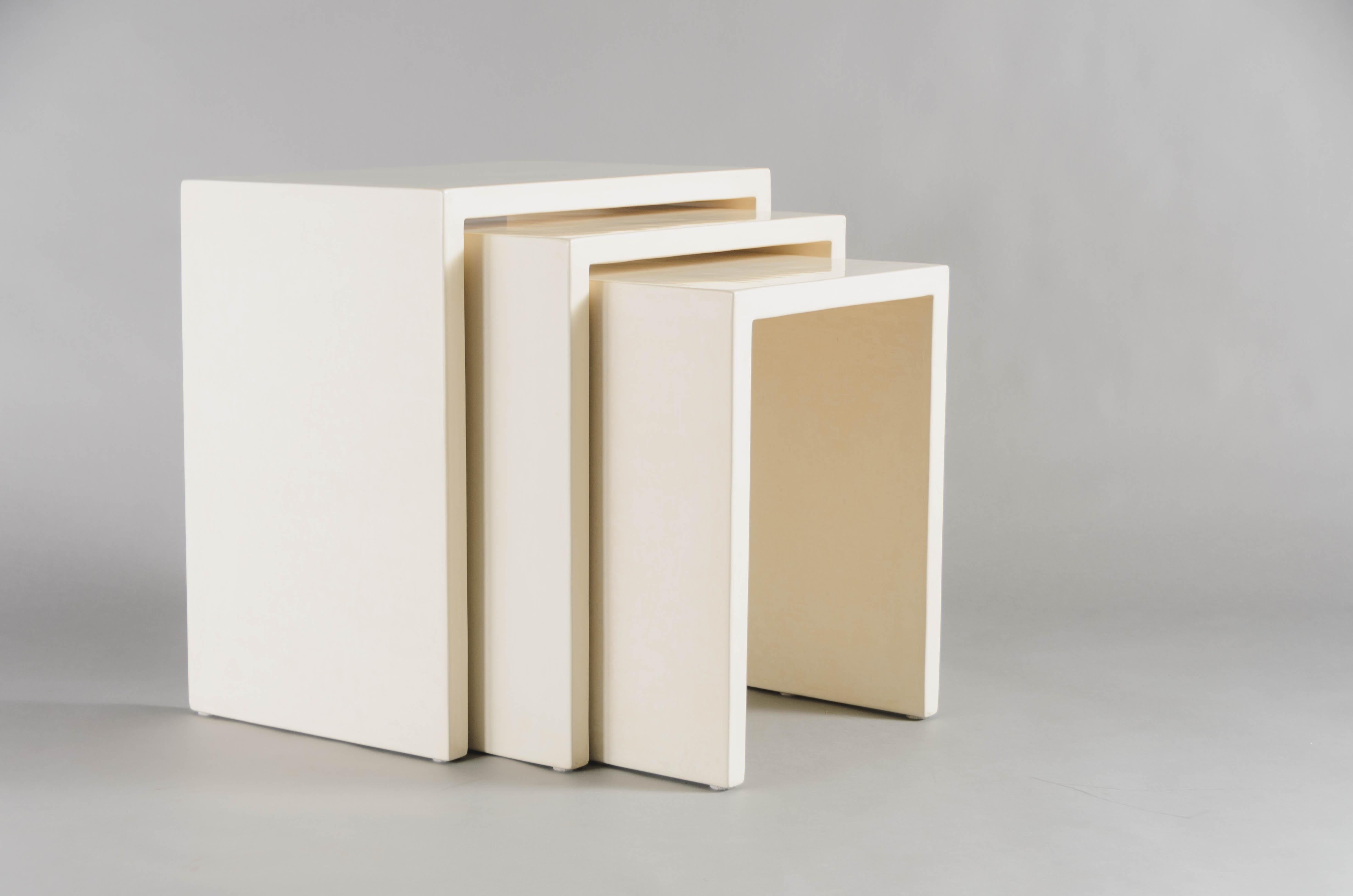 Wood Contemporary Cream Lacquer Square Corner Nesting Tables by Robert Kuo For Sale