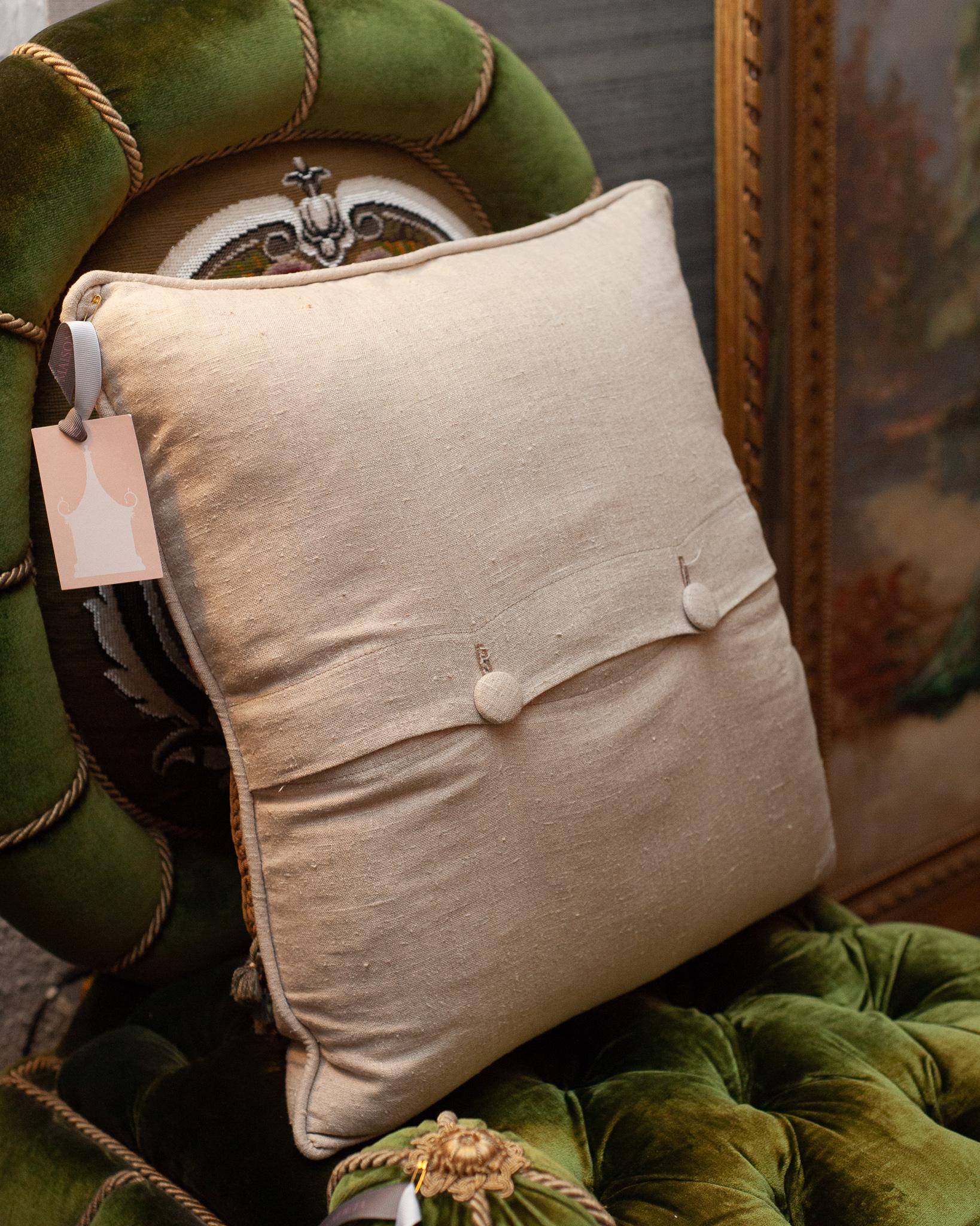 Metallic Thread Contemporary Cream Linen Pillow with Antique Embroidered Textile Panel For Sale