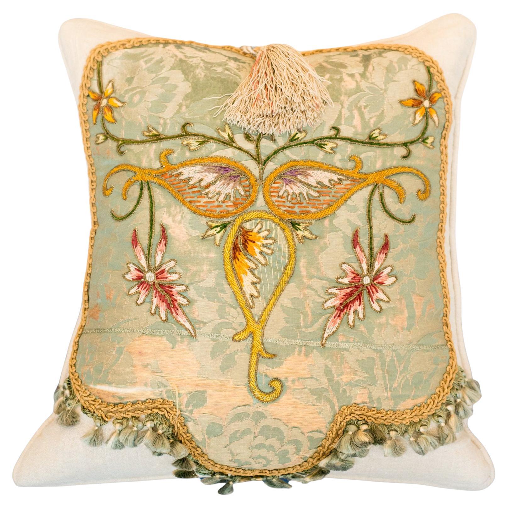 Contemporary Cream Linen Pillow with Antique Embroidered Textile Panel