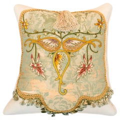 Contemporary Cream Linen Pillow with Antique Embroidered Textile Panel