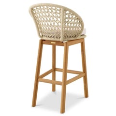 Contemporary Cream Rope and Teak Outdoor Bar Stool