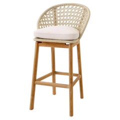 Contemporary Cream Rope and Teak Outdoor Bar Stool