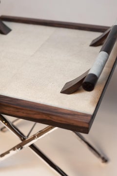 Contemporary Cream Shagreen Handled Tray with Antique Silver-Plate Folding Base