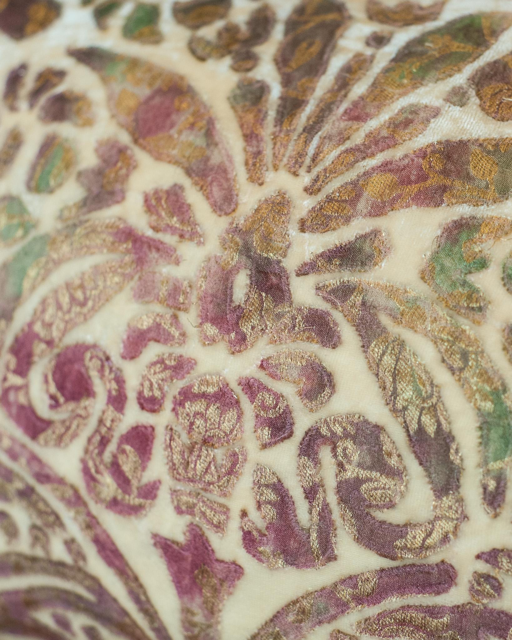 German Contemporary Creme Silk Velvet Pillow with Multicolour Devoré Detail For Sale