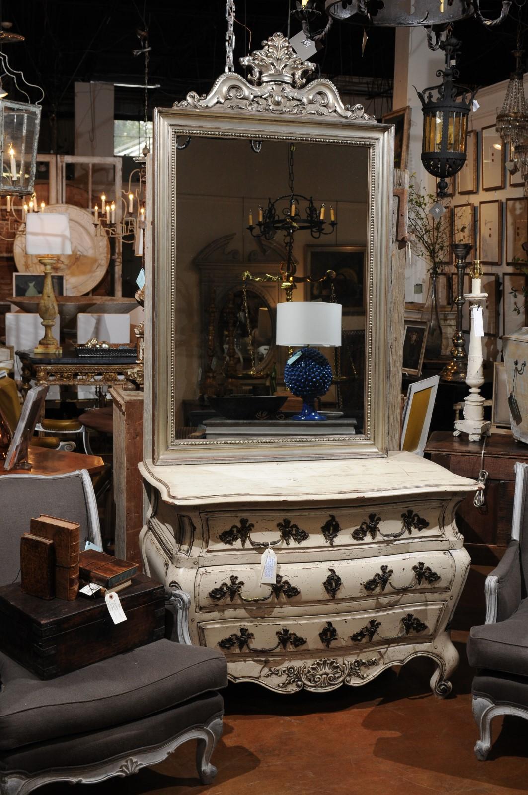 Contemporary Crested Mirror with Rocailles Motifs and Antiqued Silver Finish In Good Condition In Atlanta, GA