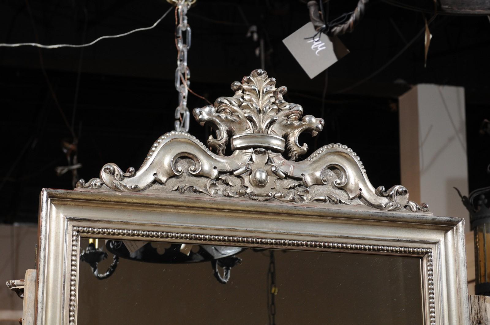 Contemporary Crested Mirror with Rocailles Motifs and Antiqued Silver Finish 2