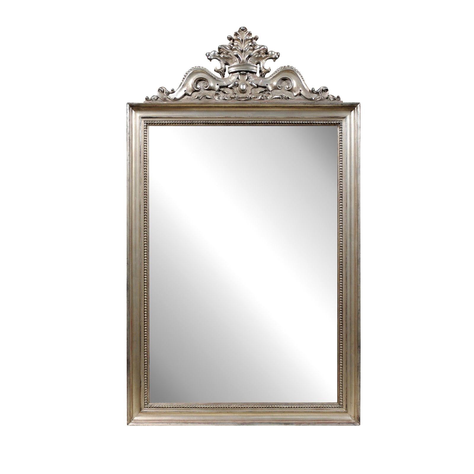 Contemporary Crested Mirror with Rocailles Motifs and Antiqued Silver Finish