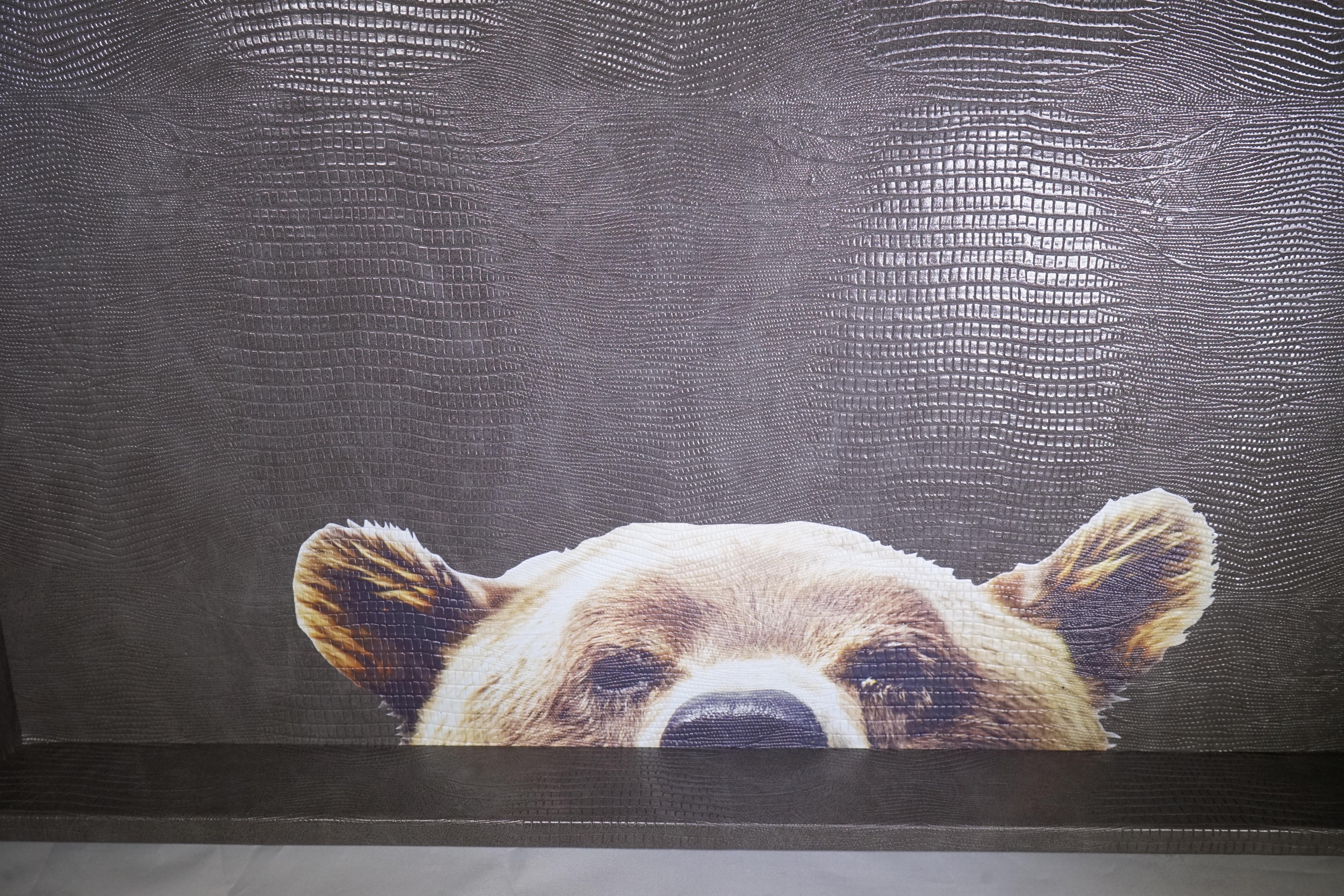 Contemporary extra large serving tray featuring brown faux crocodile leather and brown bear design.