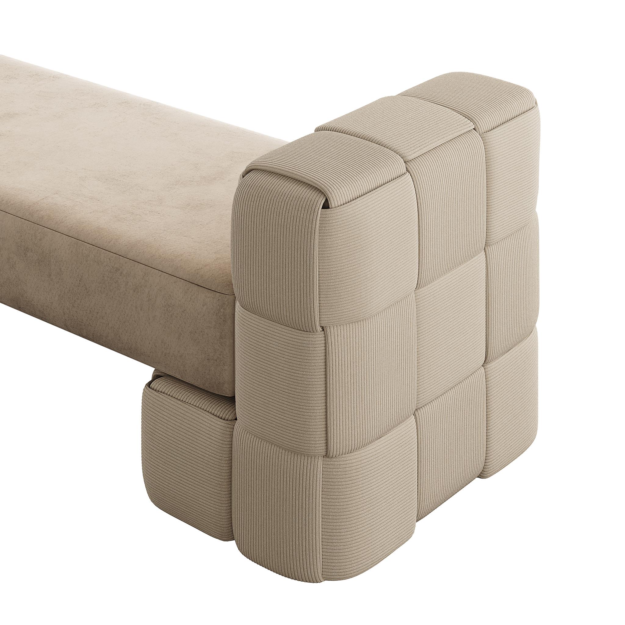 Contemporary Woven Upholstered Bench with Arms Hellbraun Beige Cord (Kreuzverleimt) im Angebot