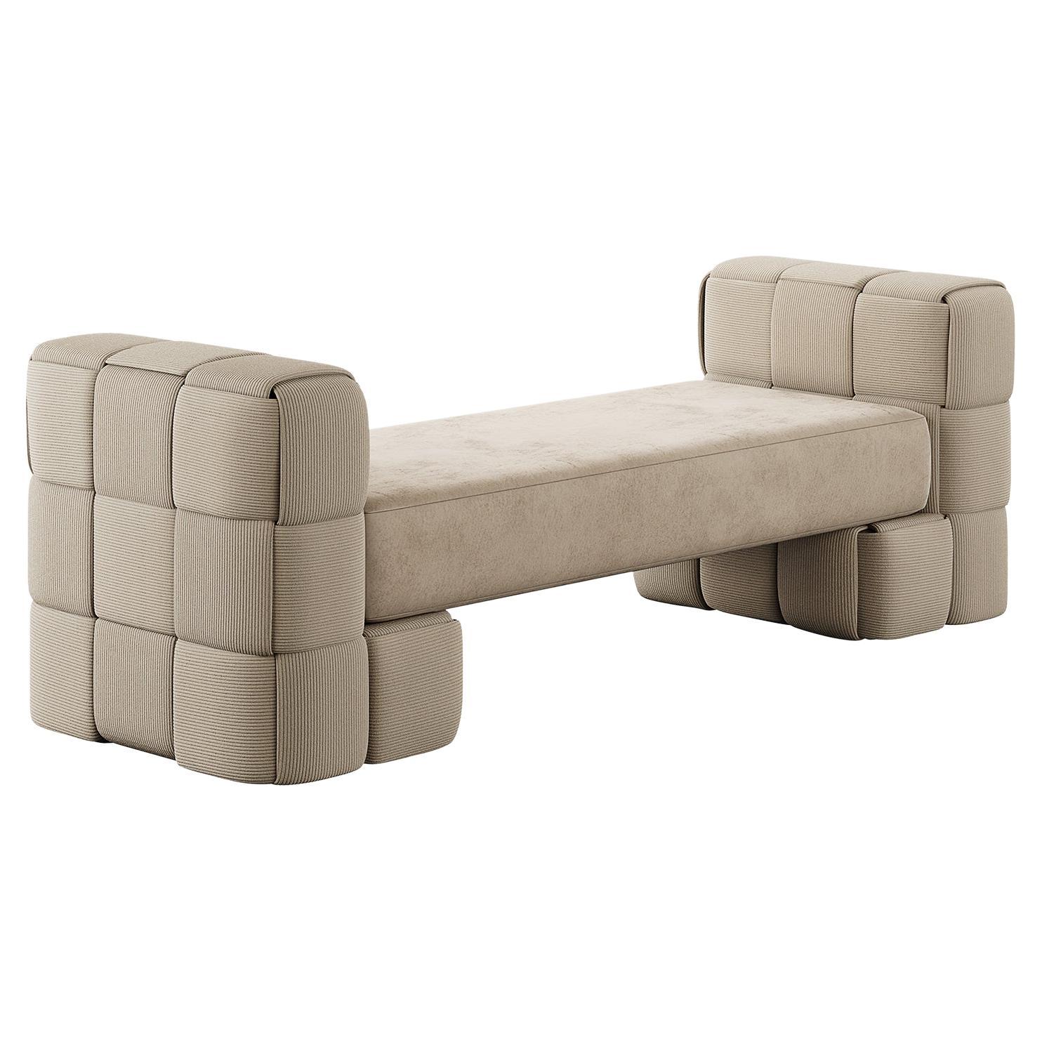 Contemporary Woven Upholstered Bench with Arms Light Brown Beige Corduroy