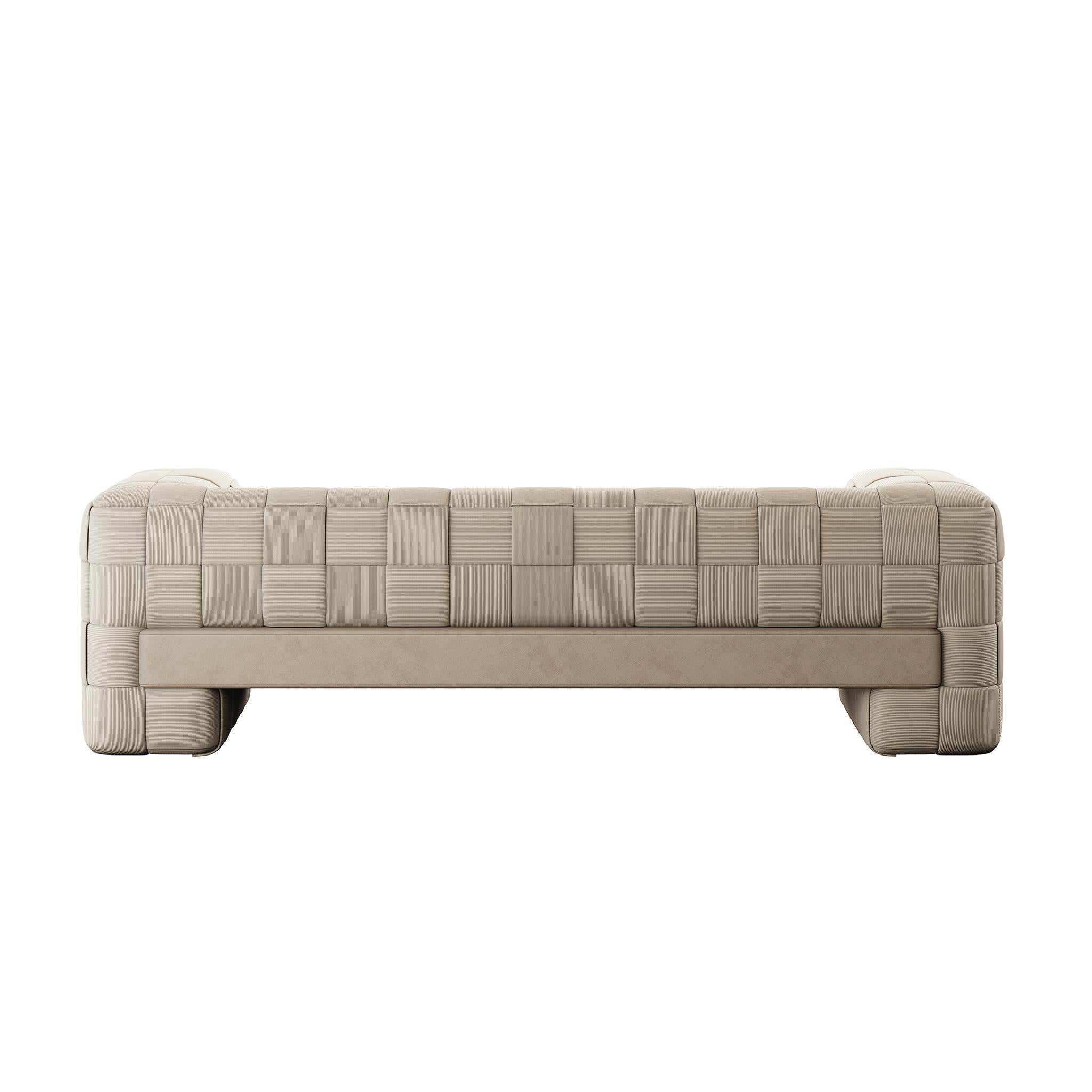 European Contemporary Cross Banded Sofa in Light Brown Corduroy  For Sale