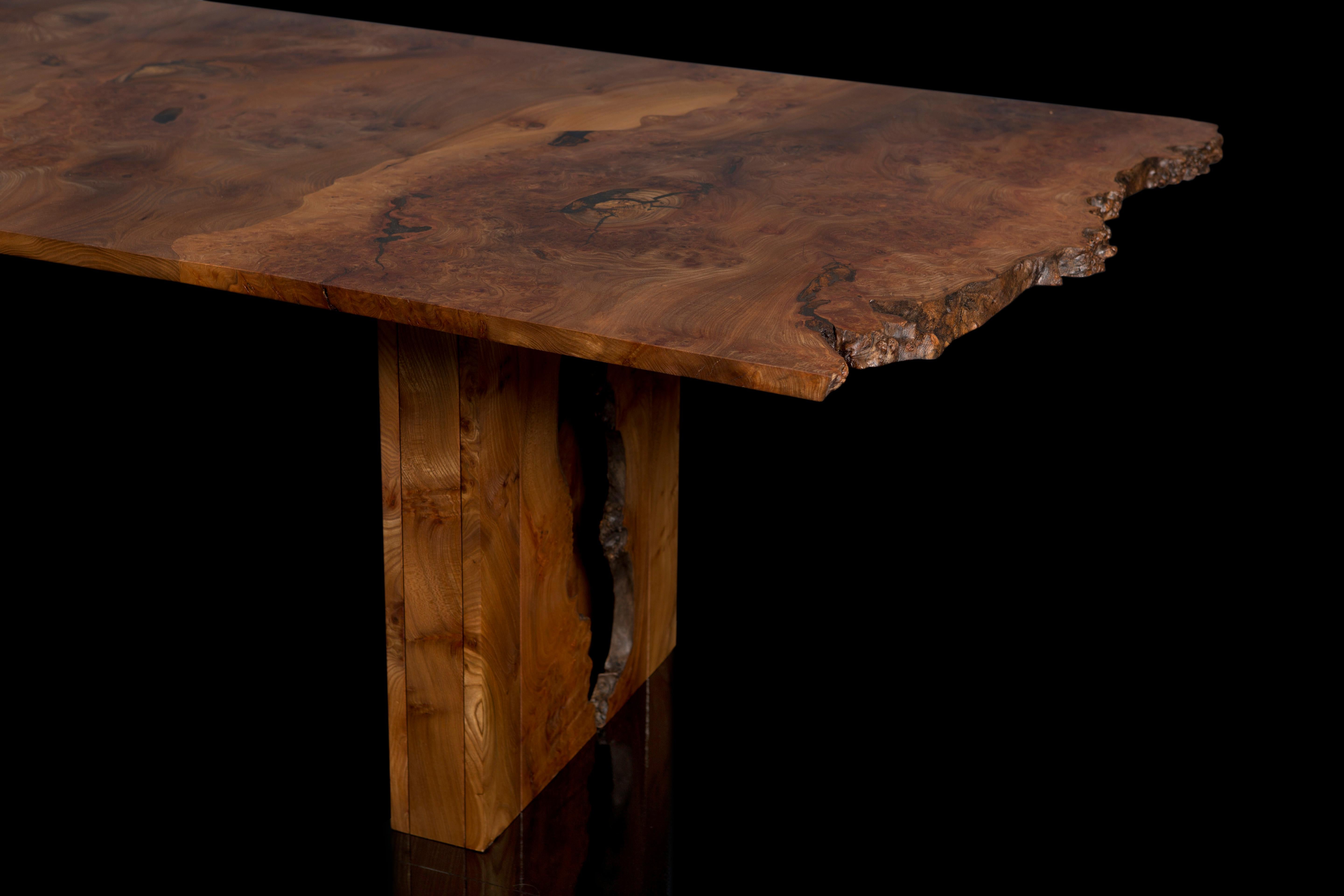 English Cross Grain Burr Elm Table, inverted live edge legs, by Jonathan Field For Sale