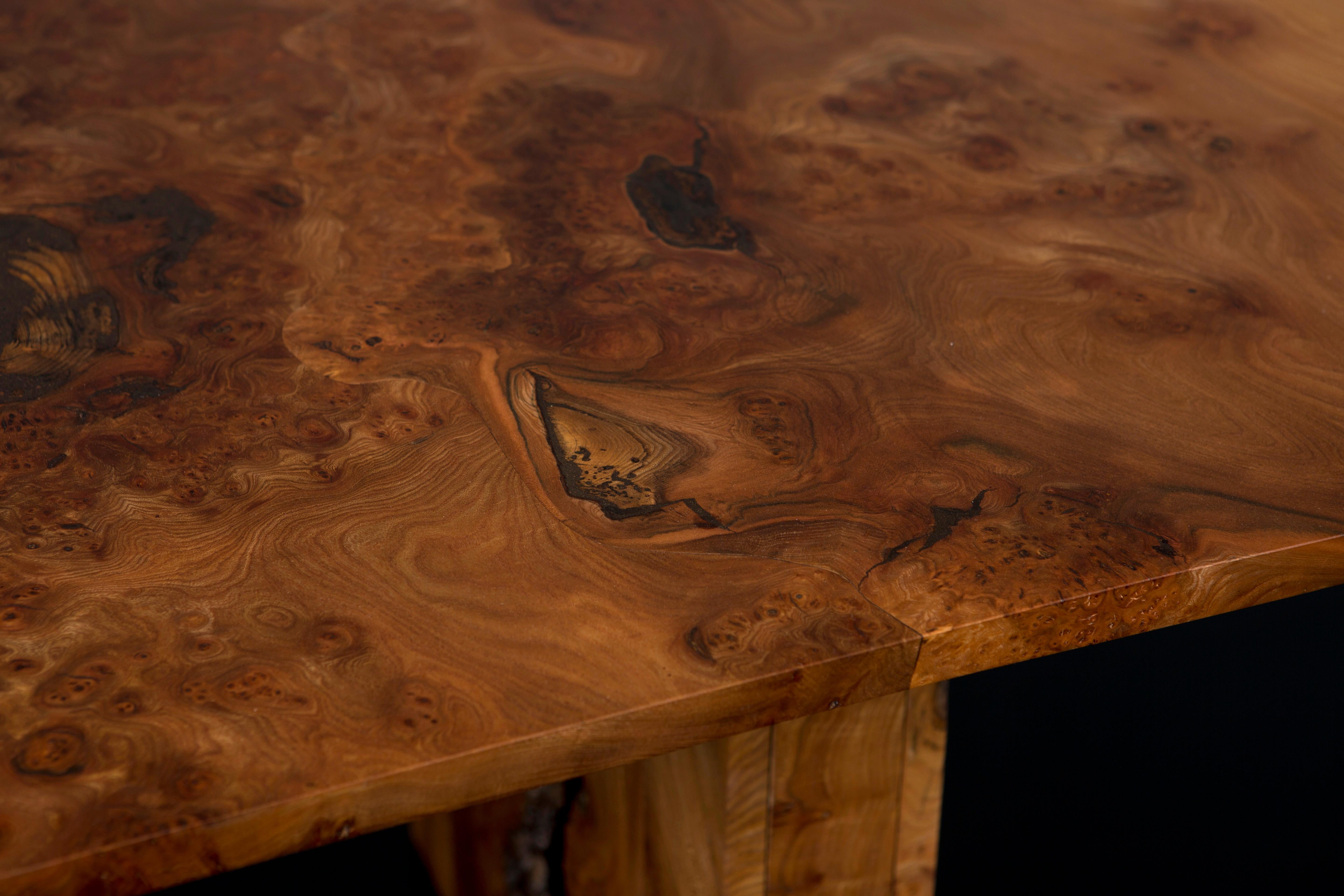 Hand-Crafted Cross Grain Burr Elm Table, inverted live edge legs, by Jonathan Field For Sale
