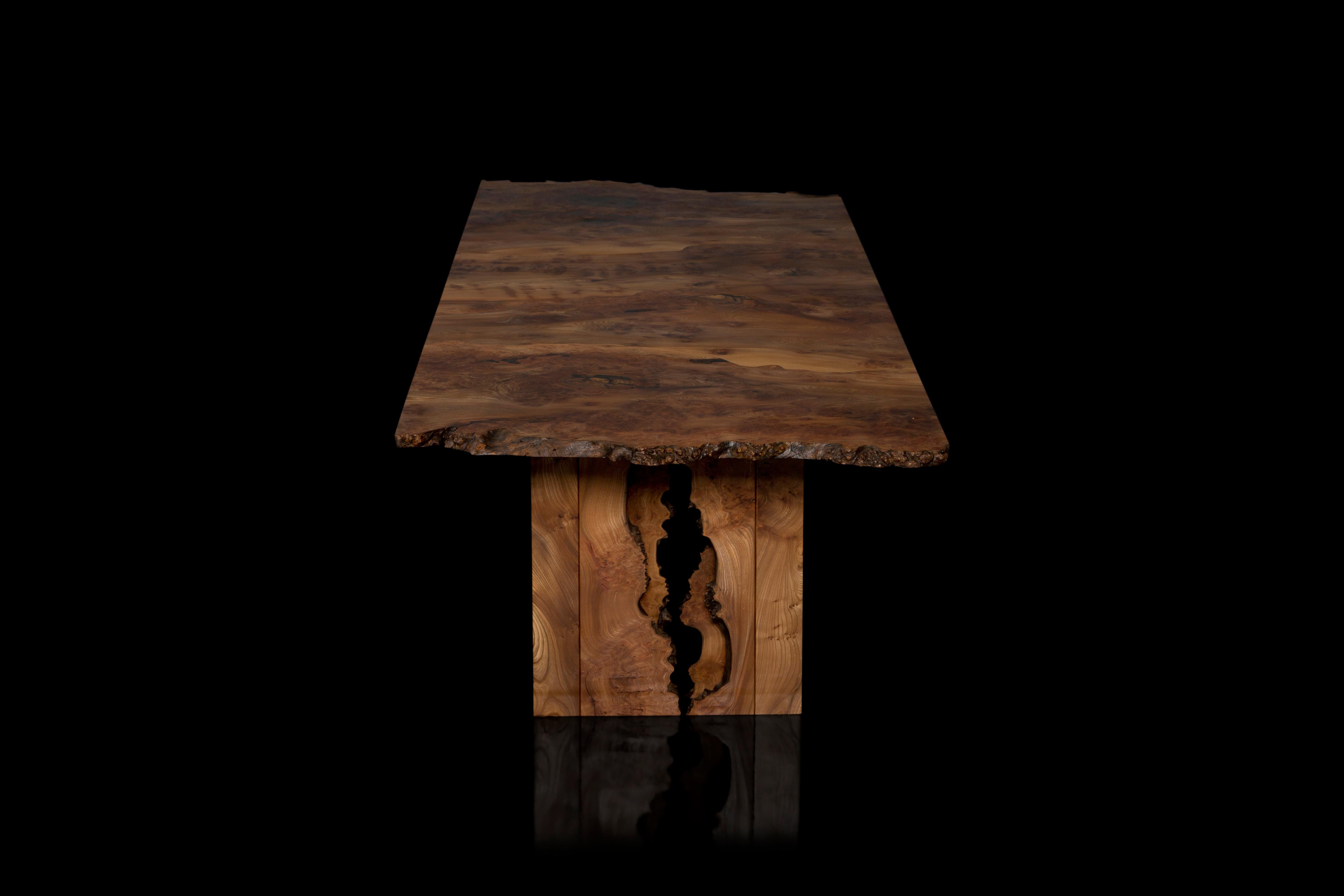 Cross Grain Burr Elm Table, inverted live edge legs, by Jonathan Field In New Condition For Sale In London, GB
