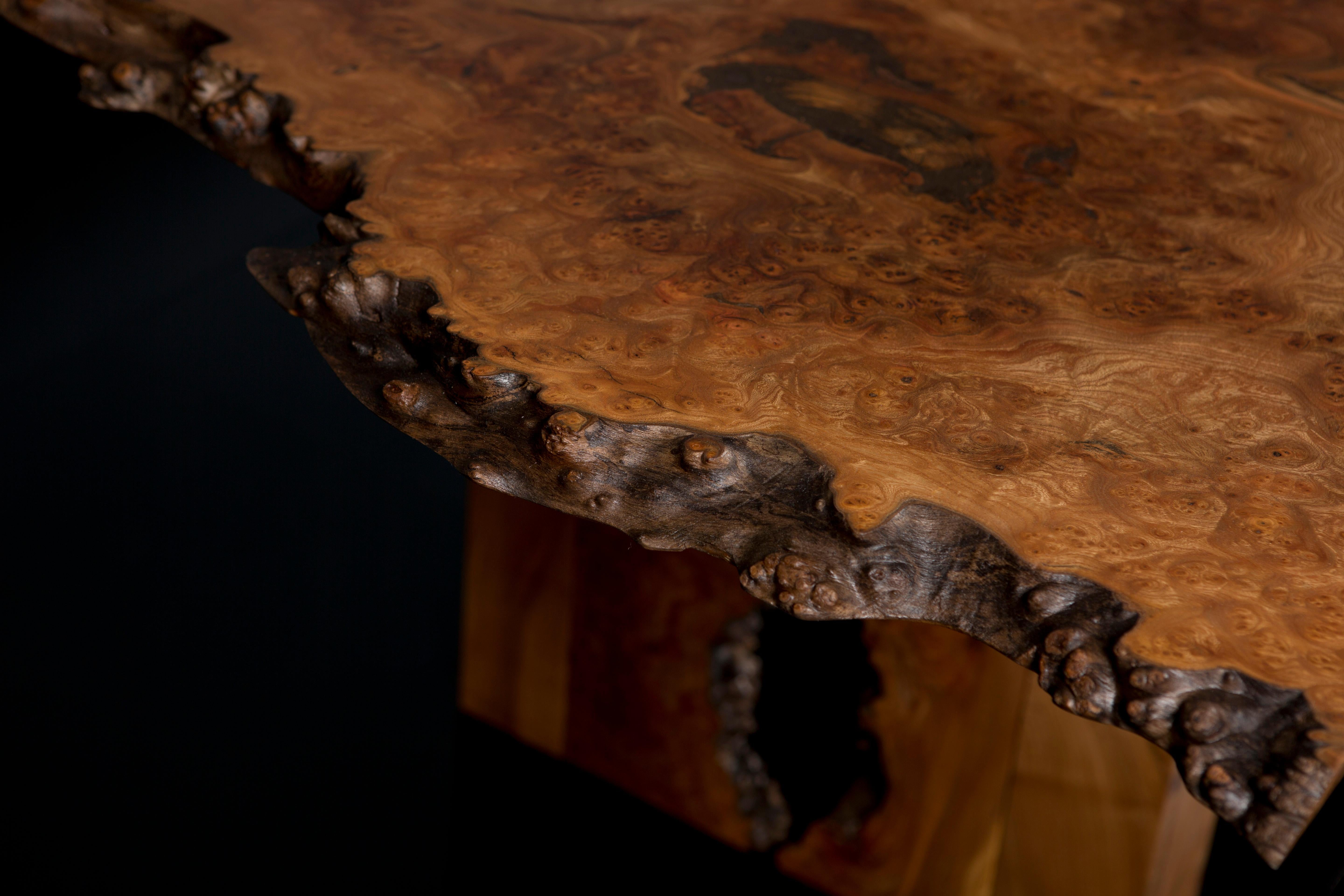Contemporary Cross Grain Burr Elm Table, inverted live edge legs, by Jonathan Field For Sale
