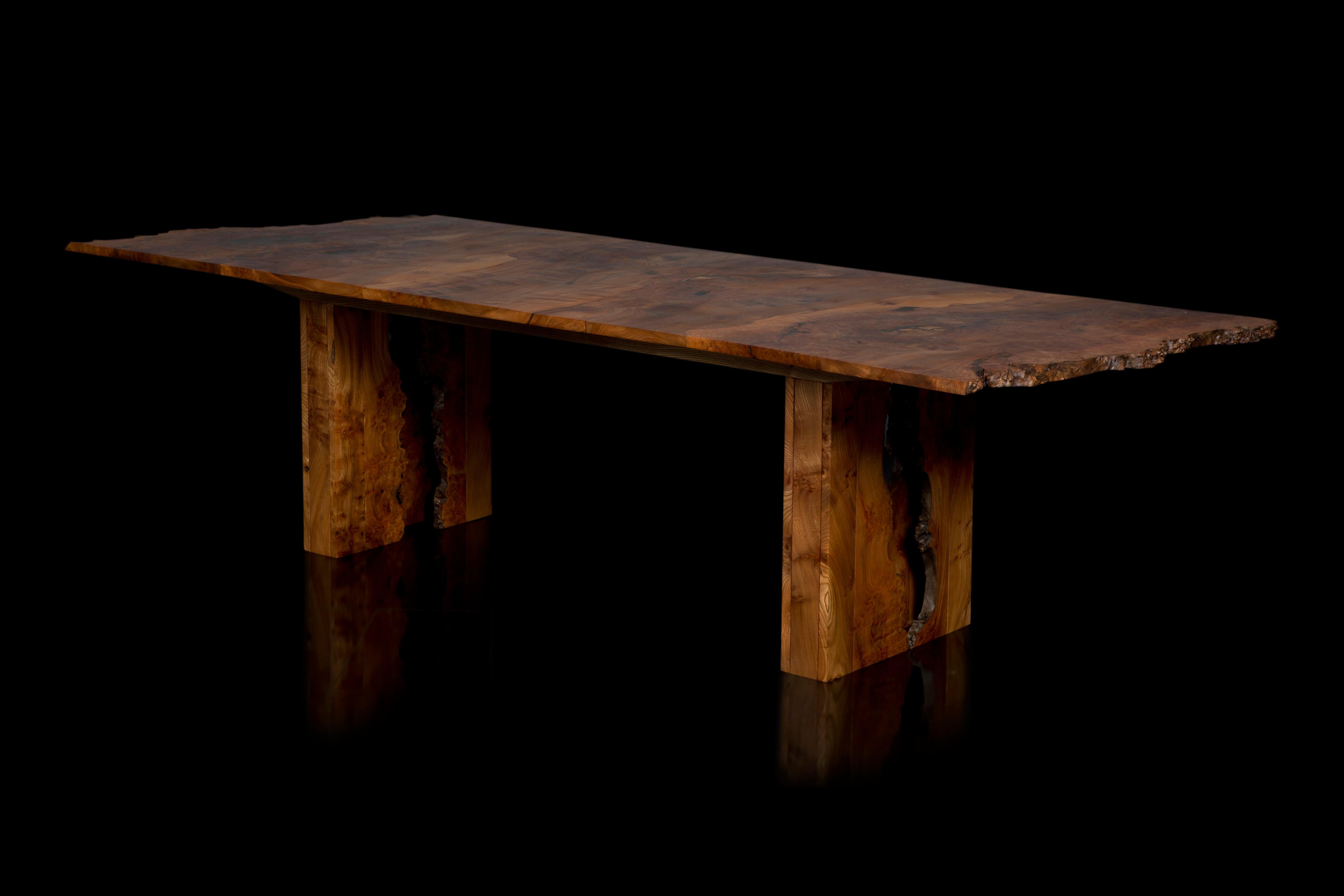 Hardwood Cross Grain Burr Elm Table, inverted live edge legs, by Jonathan Field For Sale