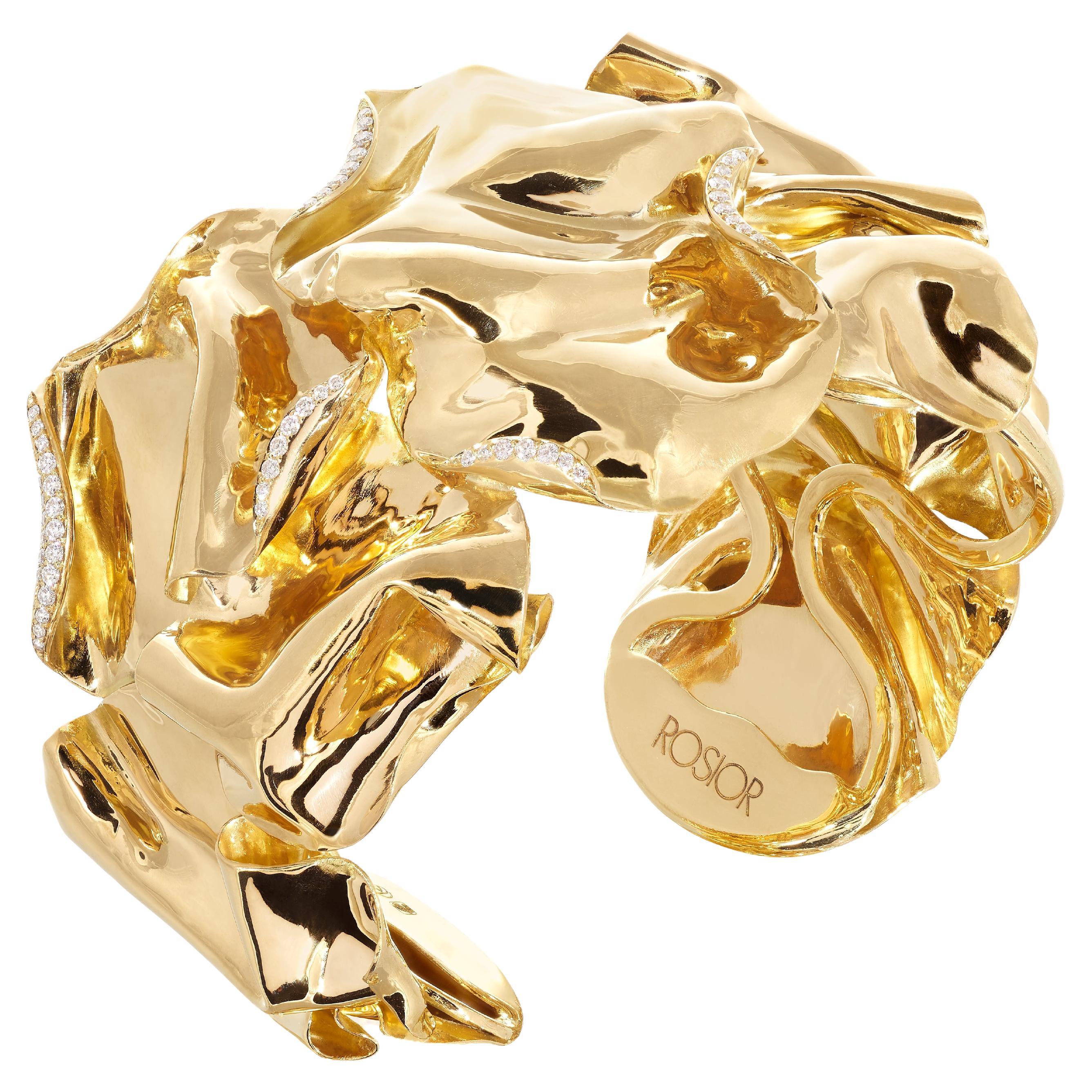 Rosior Contemporary "Crumpled" Yellow Gold Cuff Bracelet Set with Diamonds