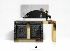 Contemporary Crypto Sideboard in Black Oak, Brass, Hand Carved