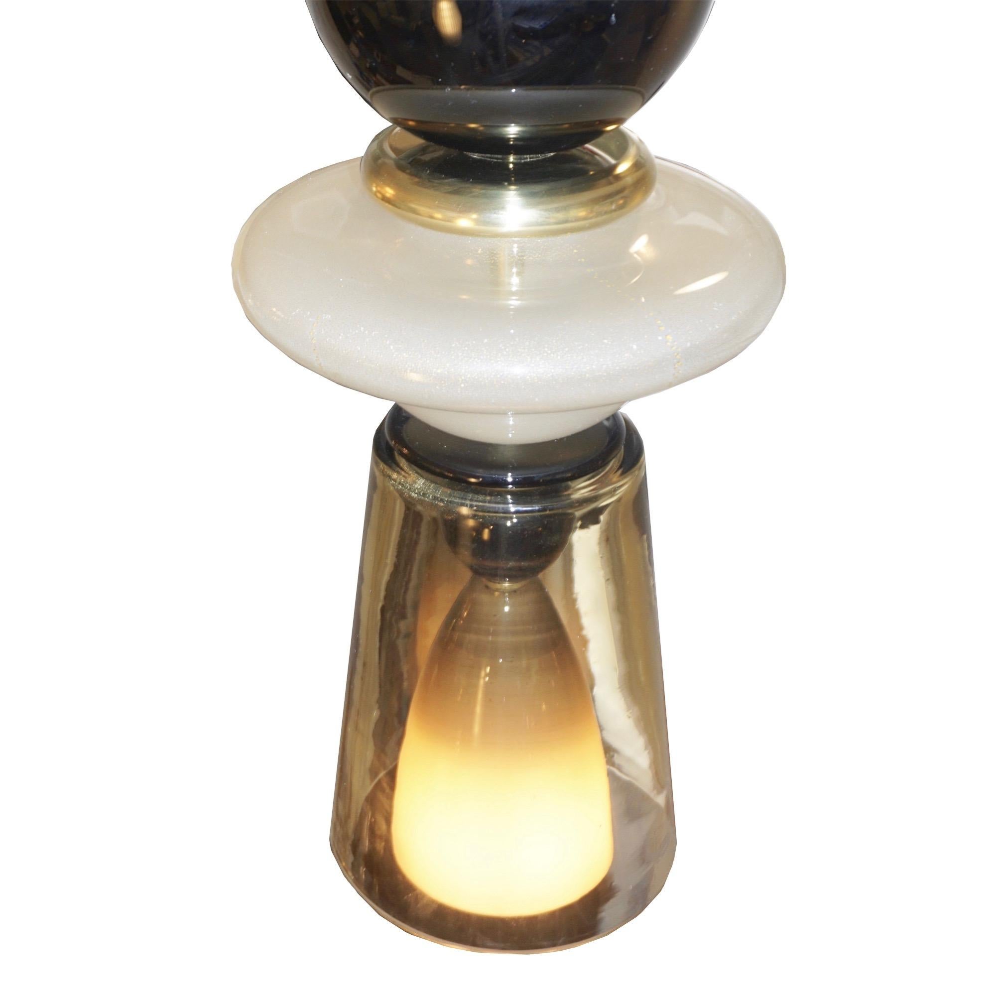 Gold Contemporary Crystal Black and White Smoked Murano Glass Pendant Light For Sale