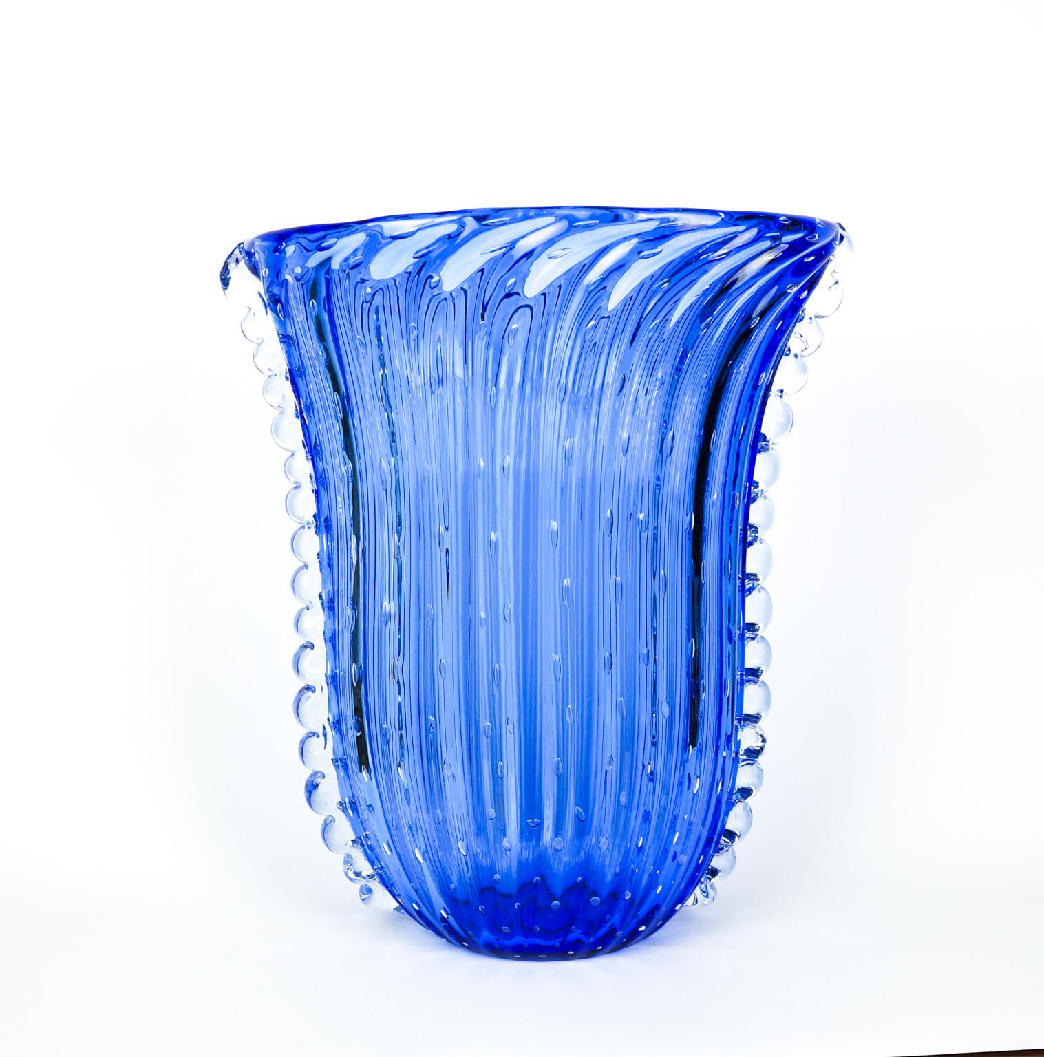Contemporary Crystal Blue Design Italian Art Glass Vase Baloton Murano Glass Jar For Sale 9