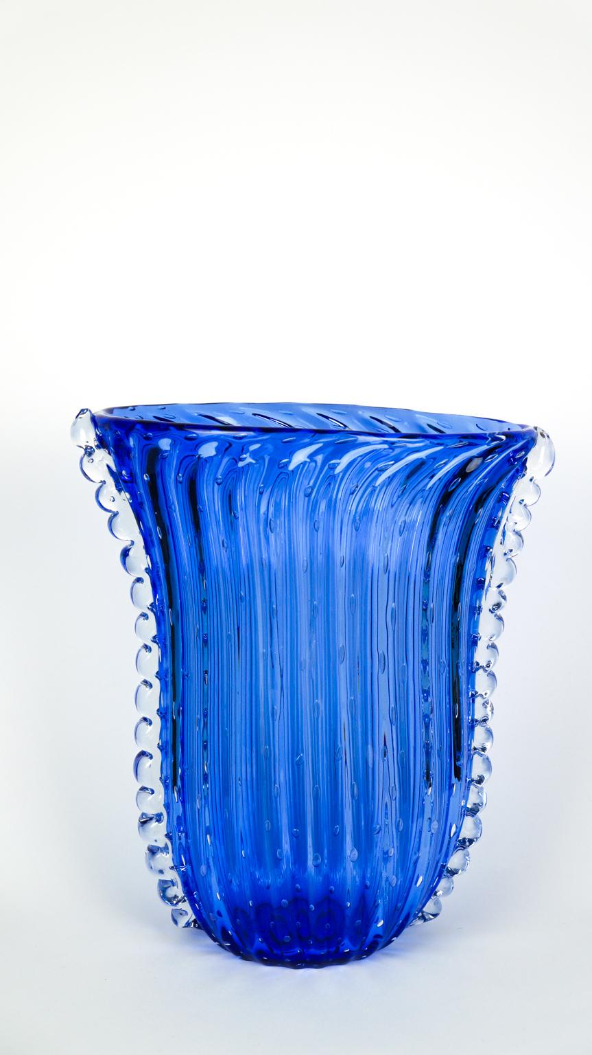 Art Deco Contemporary Crystal Blue Design Italian Art Glass Vase Baloton Murano Glass Jar For Sale