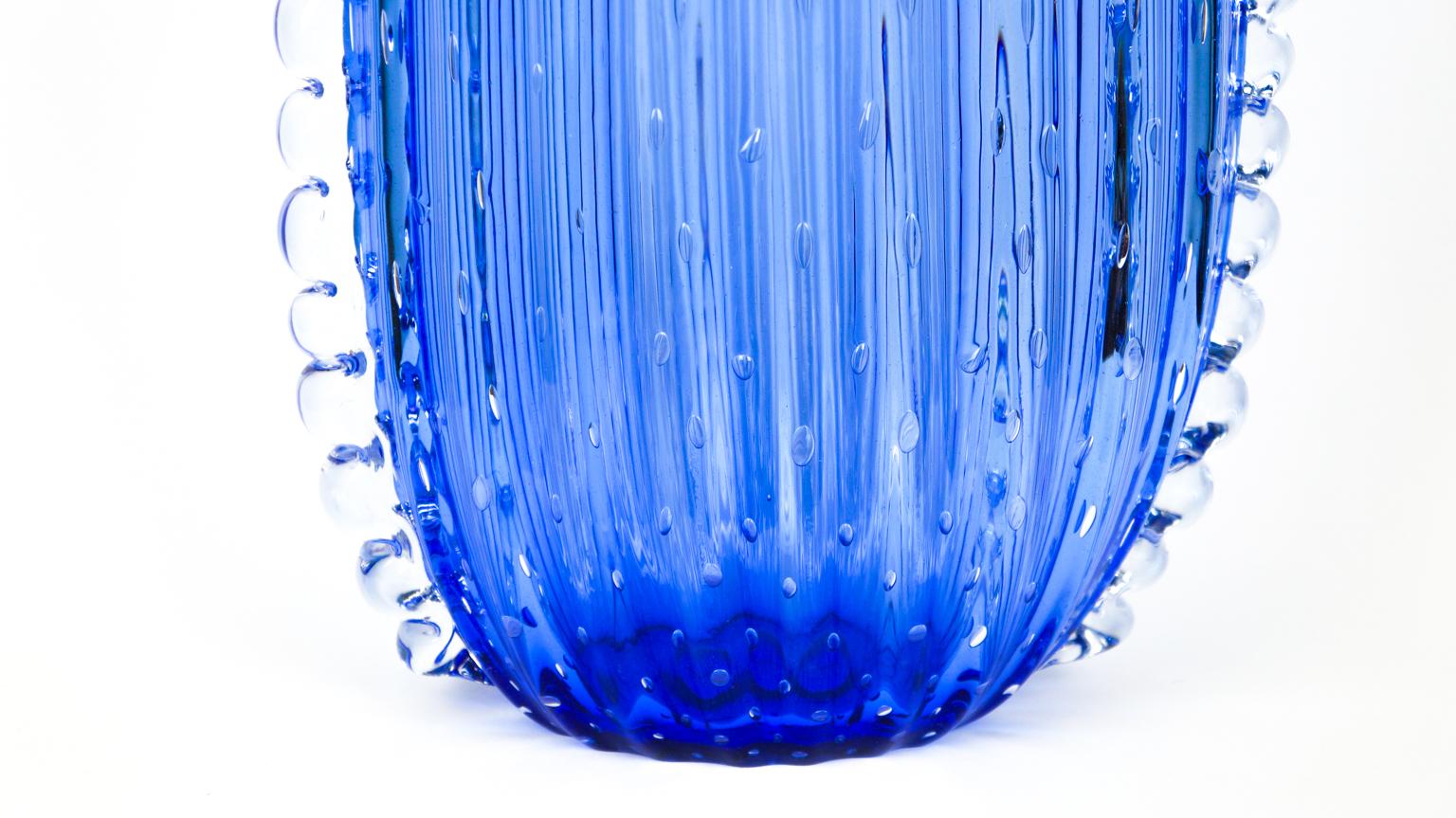 Contemporary Crystal Blue Design Italian Art Glass Vase Baloton Murano Glass Jar For Sale 1