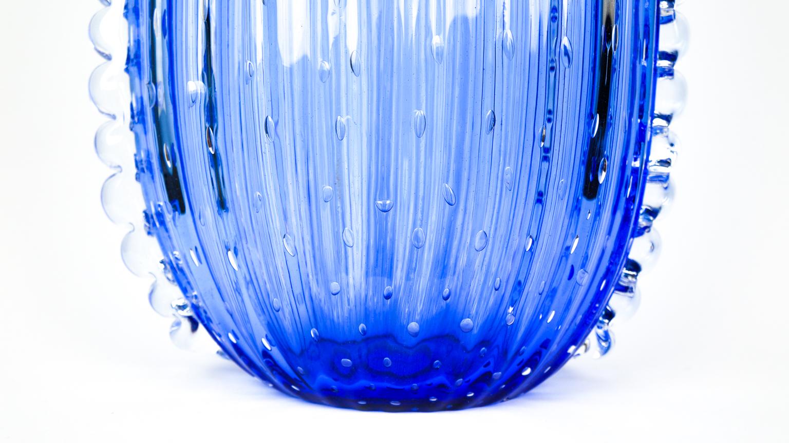 Contemporary Crystal Blue Design Italian Art Glass Vase Baloton Murano Glass Jar For Sale 4