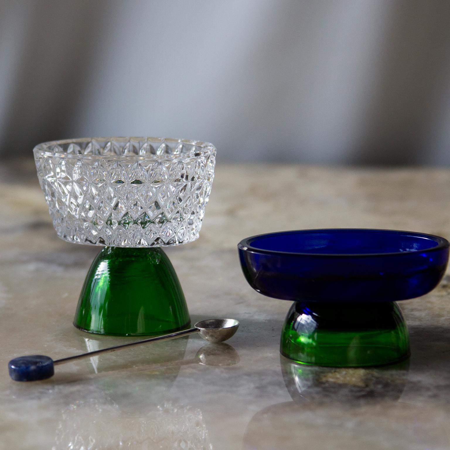 Mid-Century Modern  Contemporary Crystal Clear Green Salt Cellar Spoon Handcrafted Natalia Criado For Sale