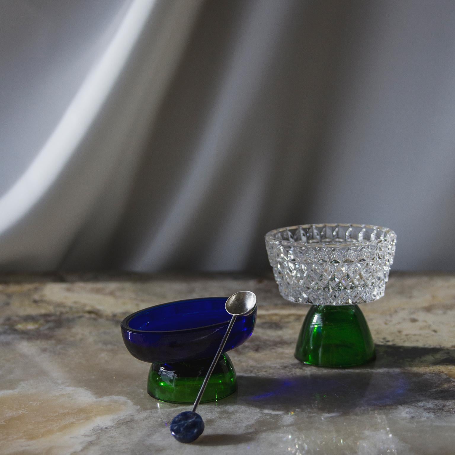 Italian  Contemporary Crystal Clear Green Salt Cellar Spoon Handcrafted Natalia Criado For Sale