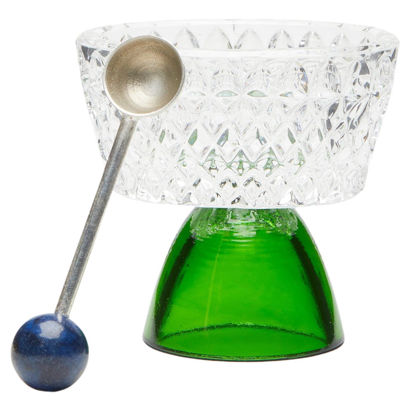  Contemporary Crystal Clear Green Salt Cellar Spoon Handcrafted Natalia Criado For Sale