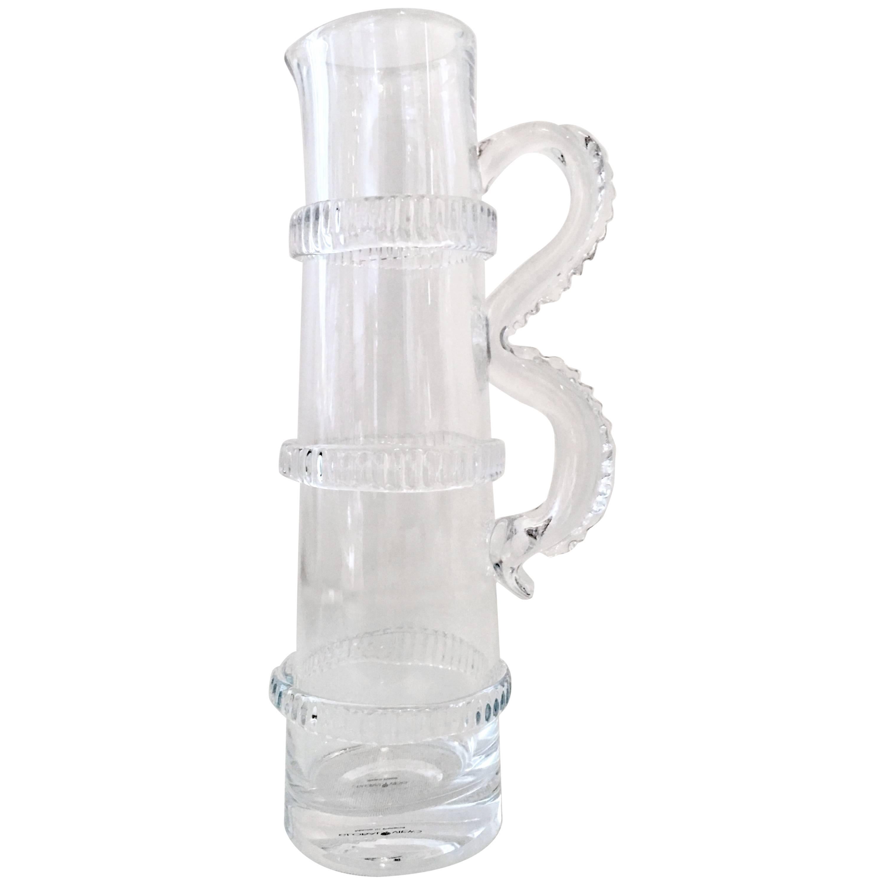 21st Century Contemporary Crystal Faux Bamboo Motif Handled Beverage Pitcher For Sale
