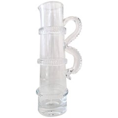 21st Century Contemporary Crystal Faux Bamboo Motif Handled Beverage Pitcher