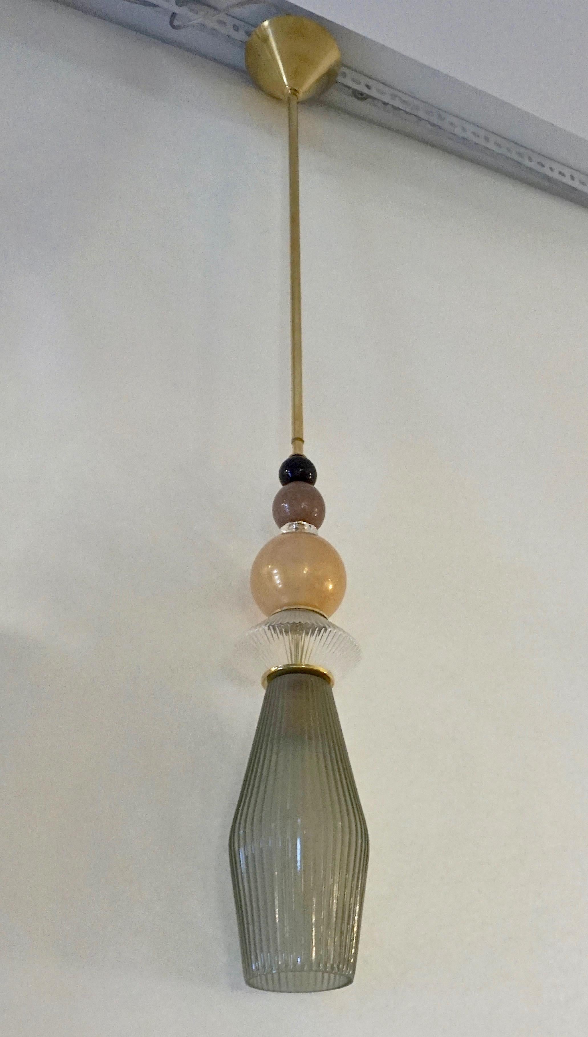 Contemporary Crystal Gold and Gray Green Murano Glass Pair of Pendant Lights 5
