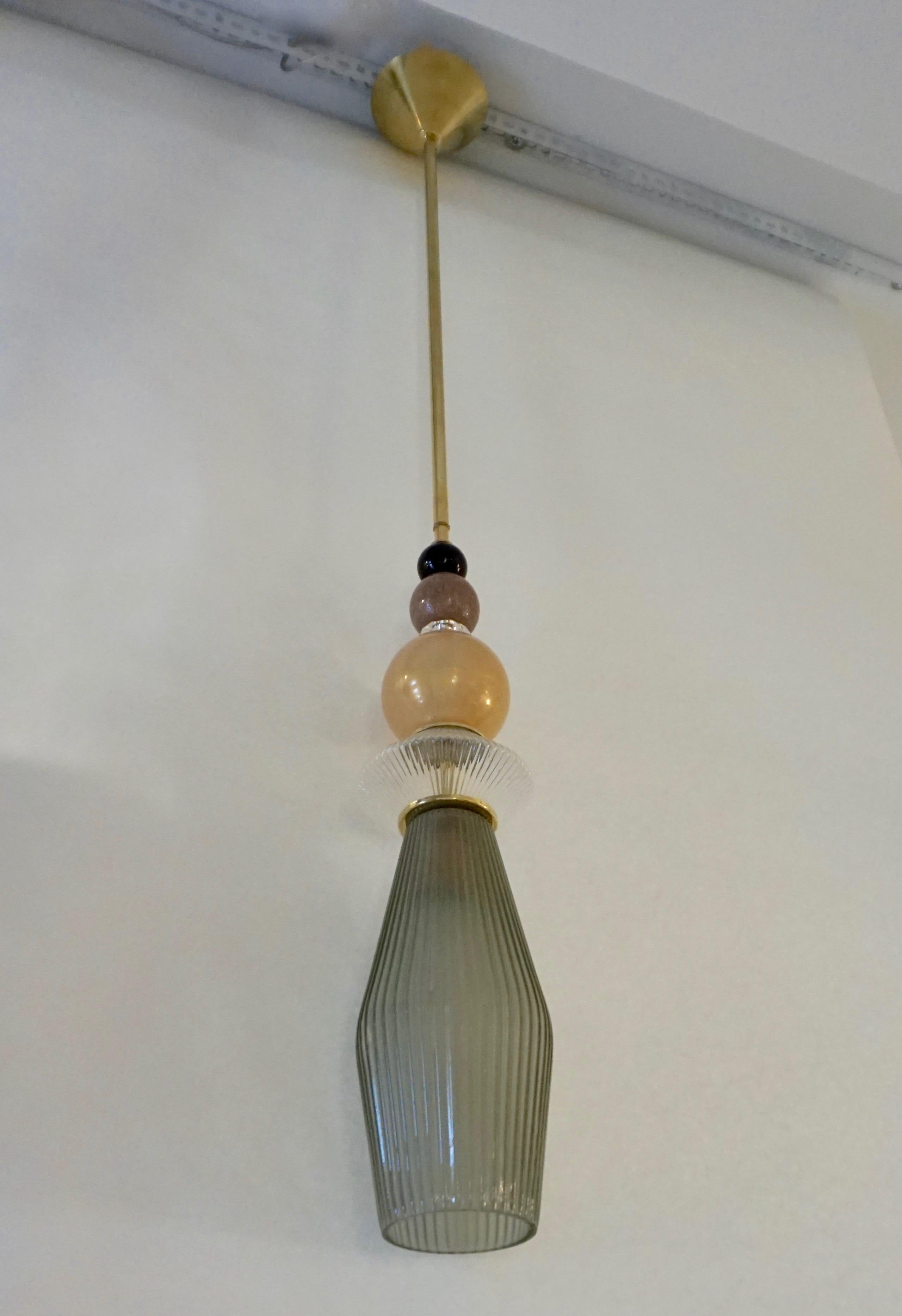 Contemporary Crystal Gold and Gray Green Murano Glass Pair of Pendant Lights 6