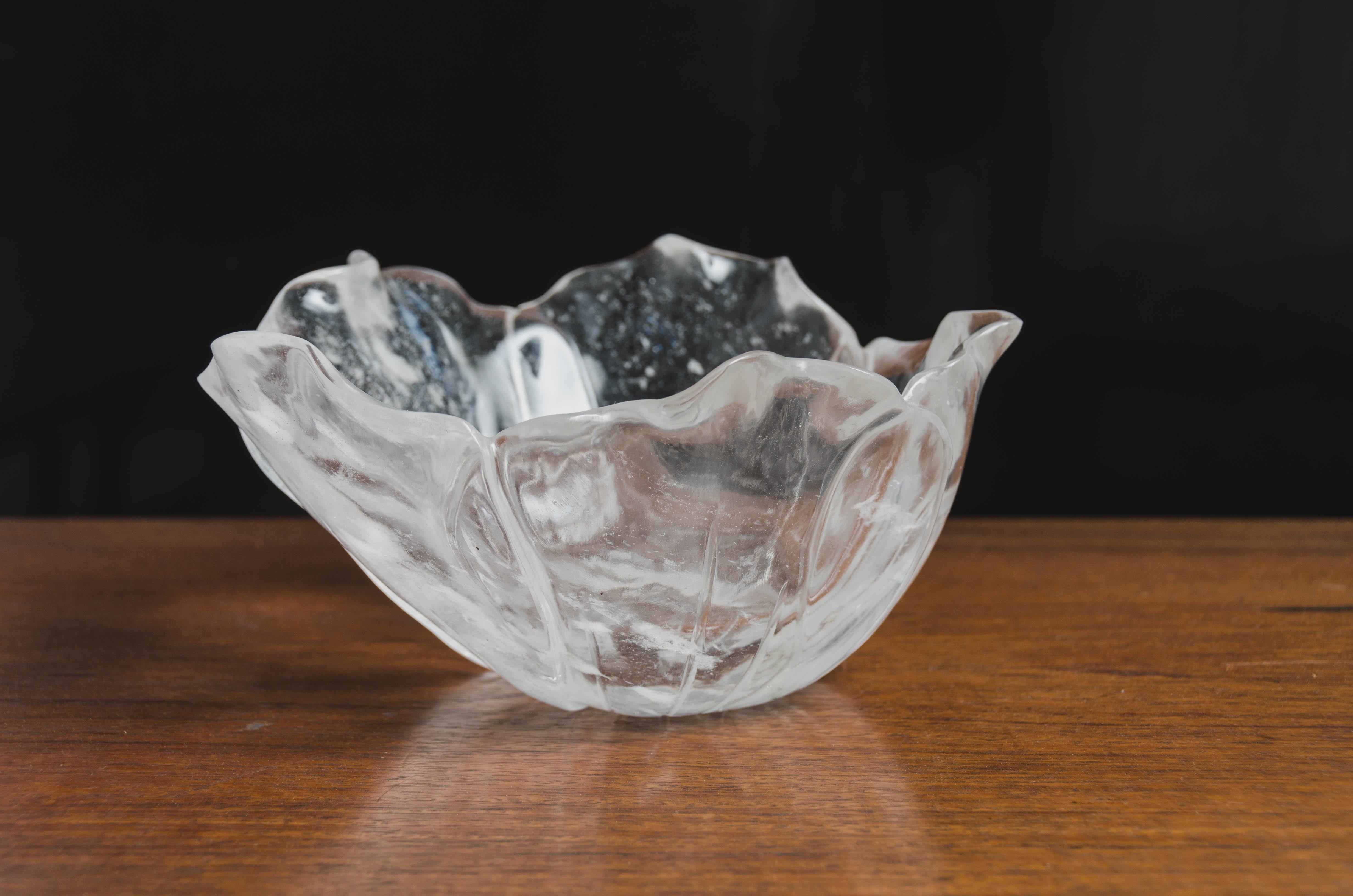 Modern Contemporary Crystal Lotus Leaf Bowl by Robert Kuo, Hand Carved, Limited Edition For Sale