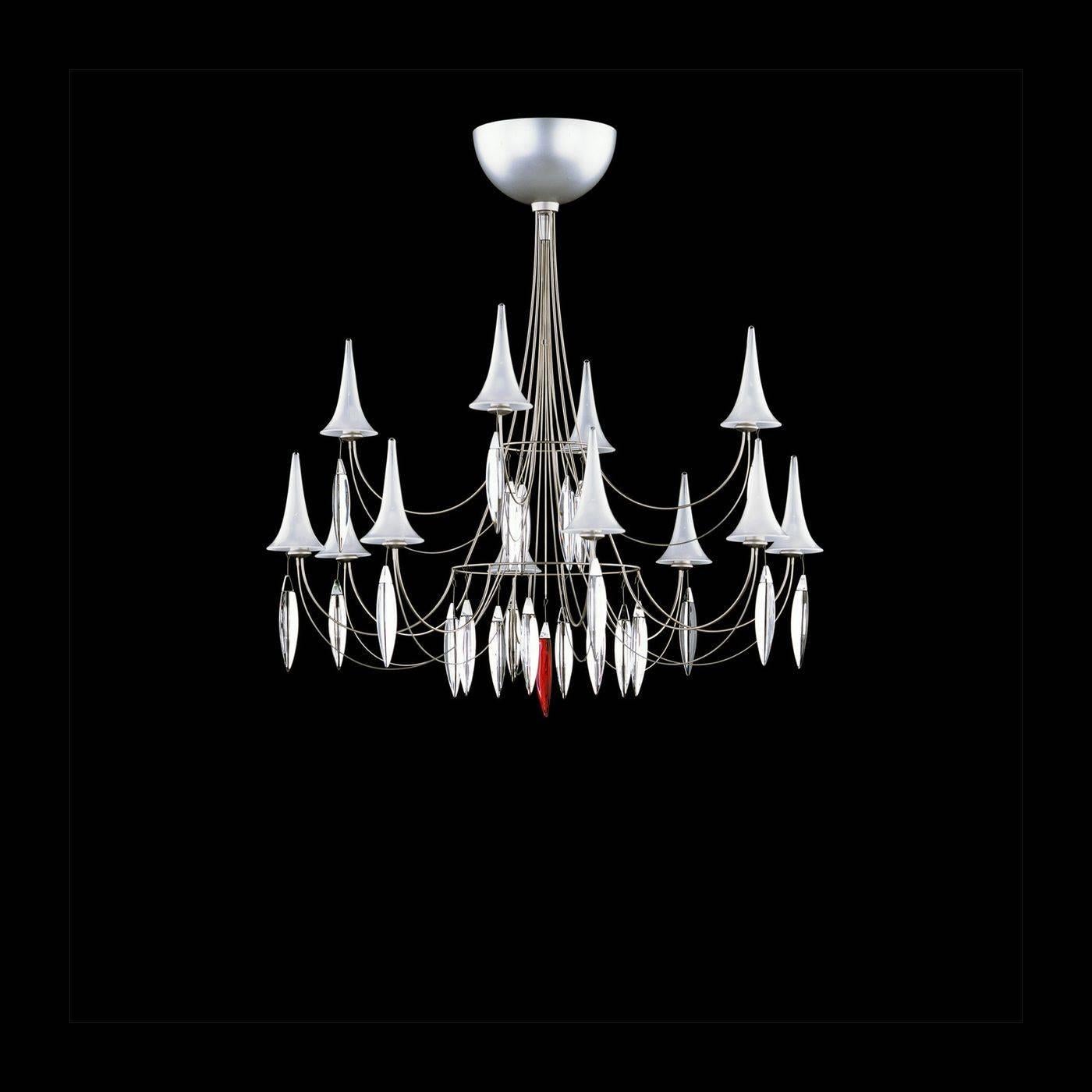 A contemporary and Minimalist work of art by Baccarat, France. Adorned with 23 signed crystal transparent plumes and six onyx ones. One Baccarat signature ruby crystal plume plus. The total is 30 crystal plumes
Lightweight stainless steel