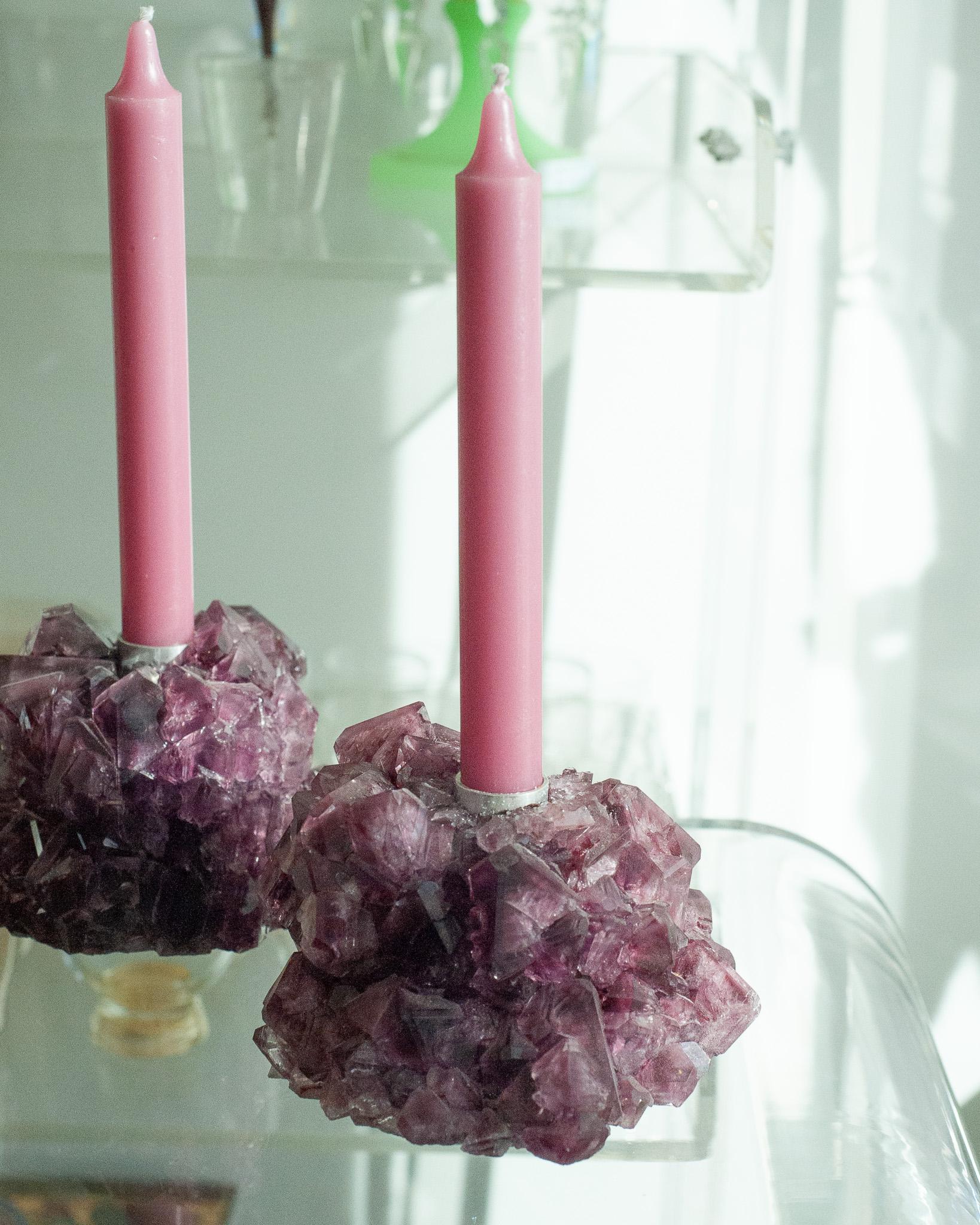 A stunning crystallized candleholder in purple, by artist Isaac Monté. This original work of art is produced through fascinating process, combining science and art. By dissolving minerals and oxides in hot water, the artist forms a solution that
