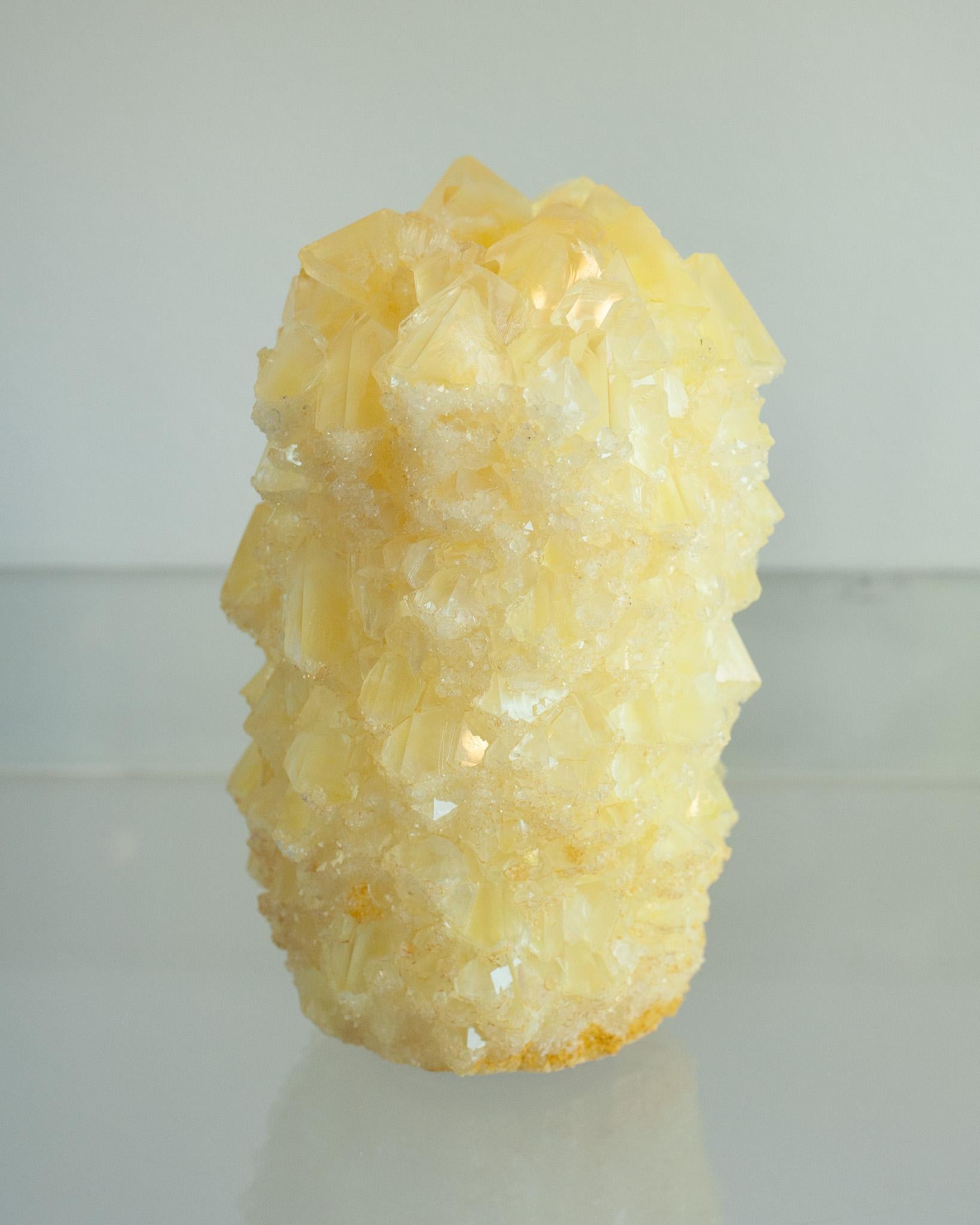 Uno splendido vaso cristallizzato di colore giallo, opera dell'artista Isaac Monté. Questa originale opera d'arte è prodotta attraverso un processo affascinante, che unisce scienza e arte. Sciogliendo minerali e ossidi in acqua calda, l'artista