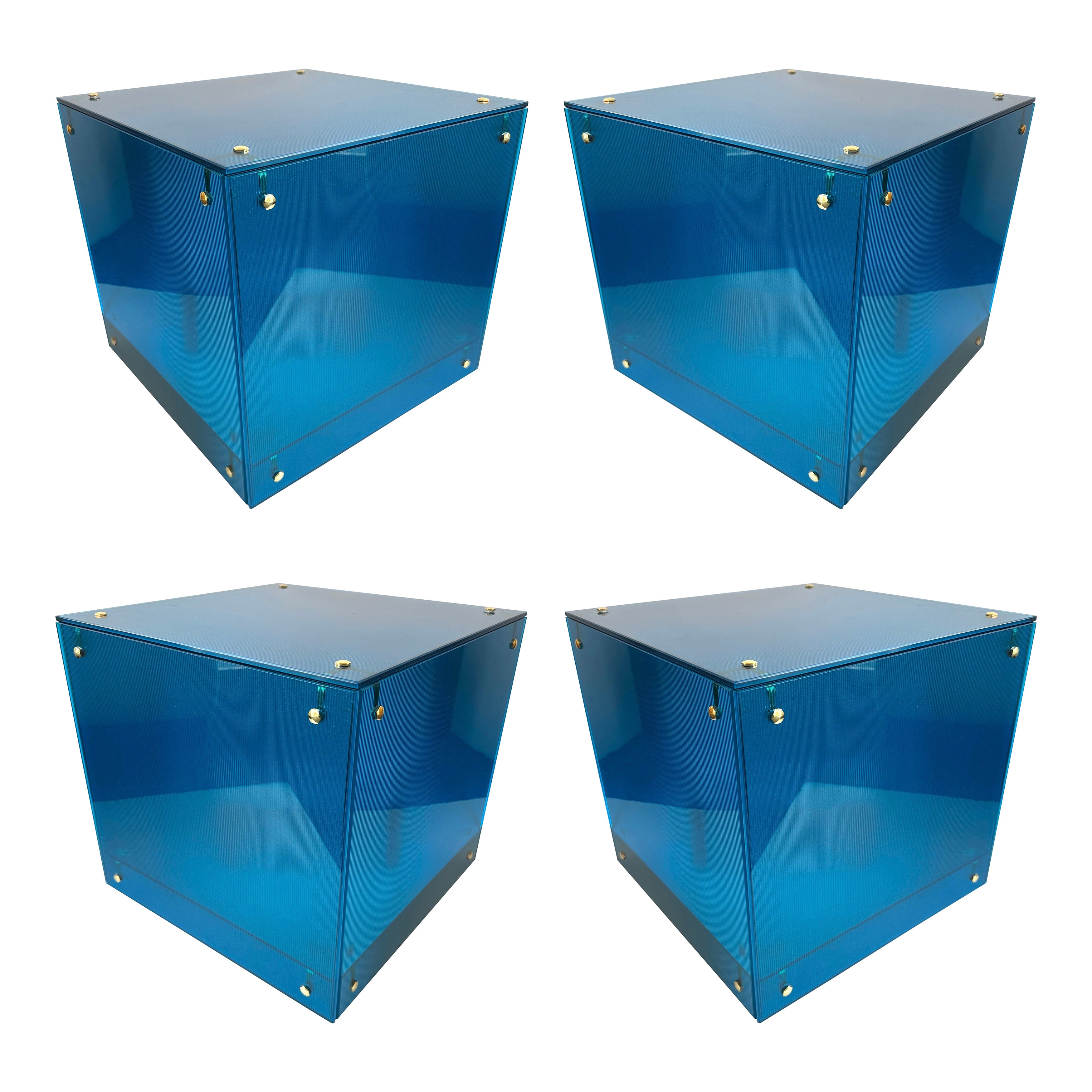 Lampe cubique contemporaine Verre de Murano bleu et laiton, Italie