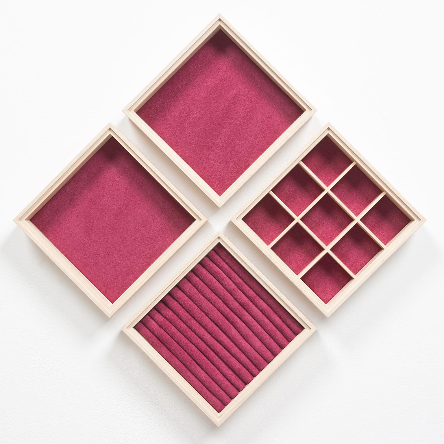 British Contemporary Cubed Jewellery Box made in Elm and Maple with Magenta Fabric For Sale